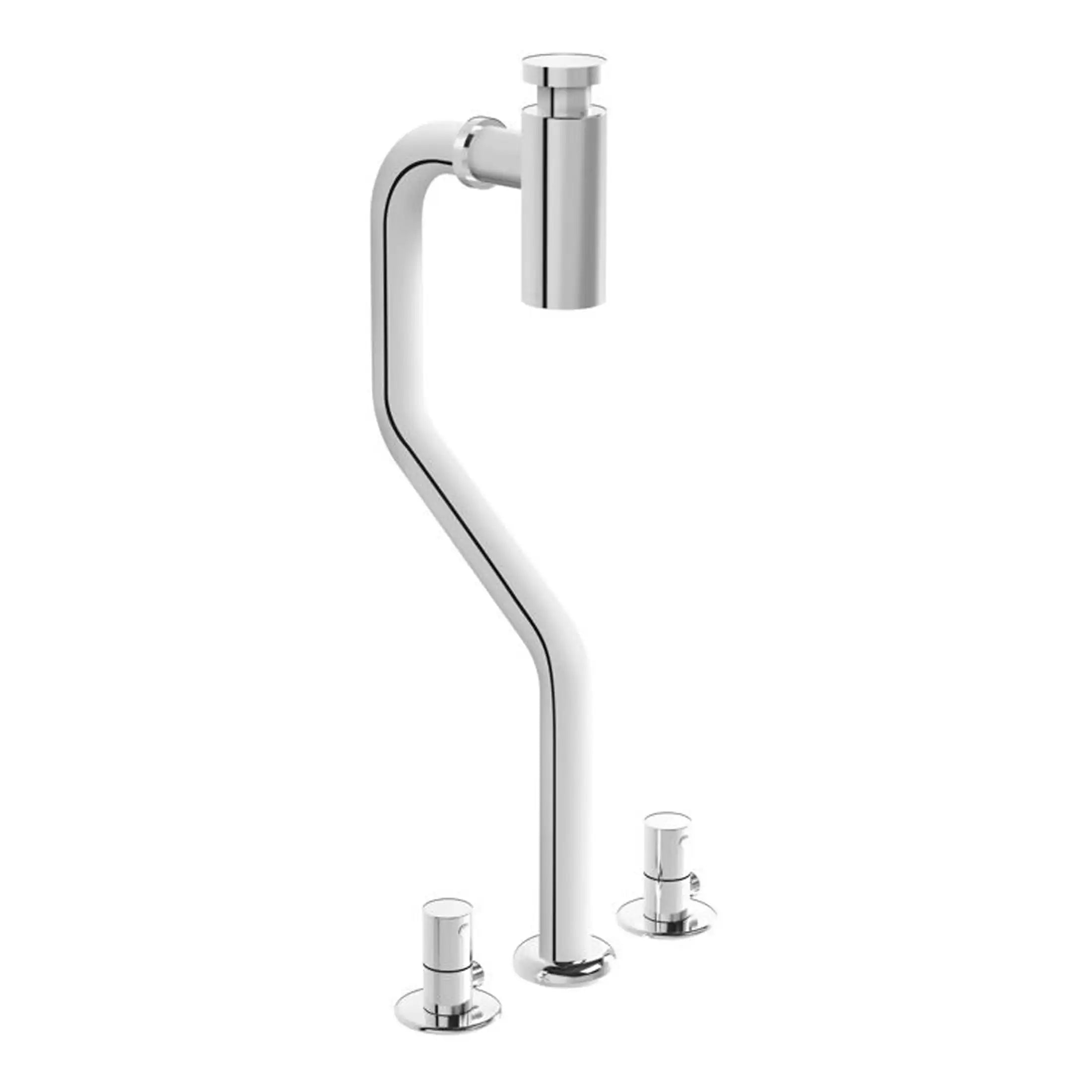 Sleek modern chrome bathroom mixer tap with an adjustable spout and dual base mounts, ideal for contemporary showers and baths. Perfect for stylish bathroom renovations.