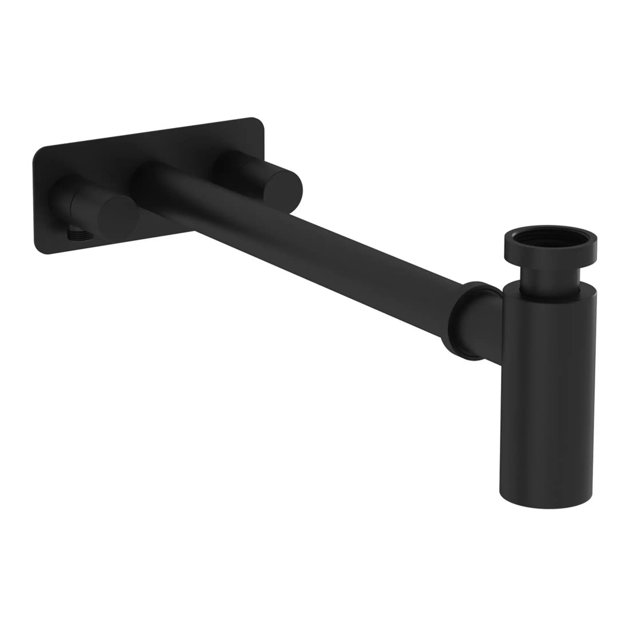 Sleek matte black bathroom sink drain pipe with wall-mounted fixture, modern design for minimalist bathroom decor, durable chrome finish, easy to install plumbing component for stylish bathrooms.