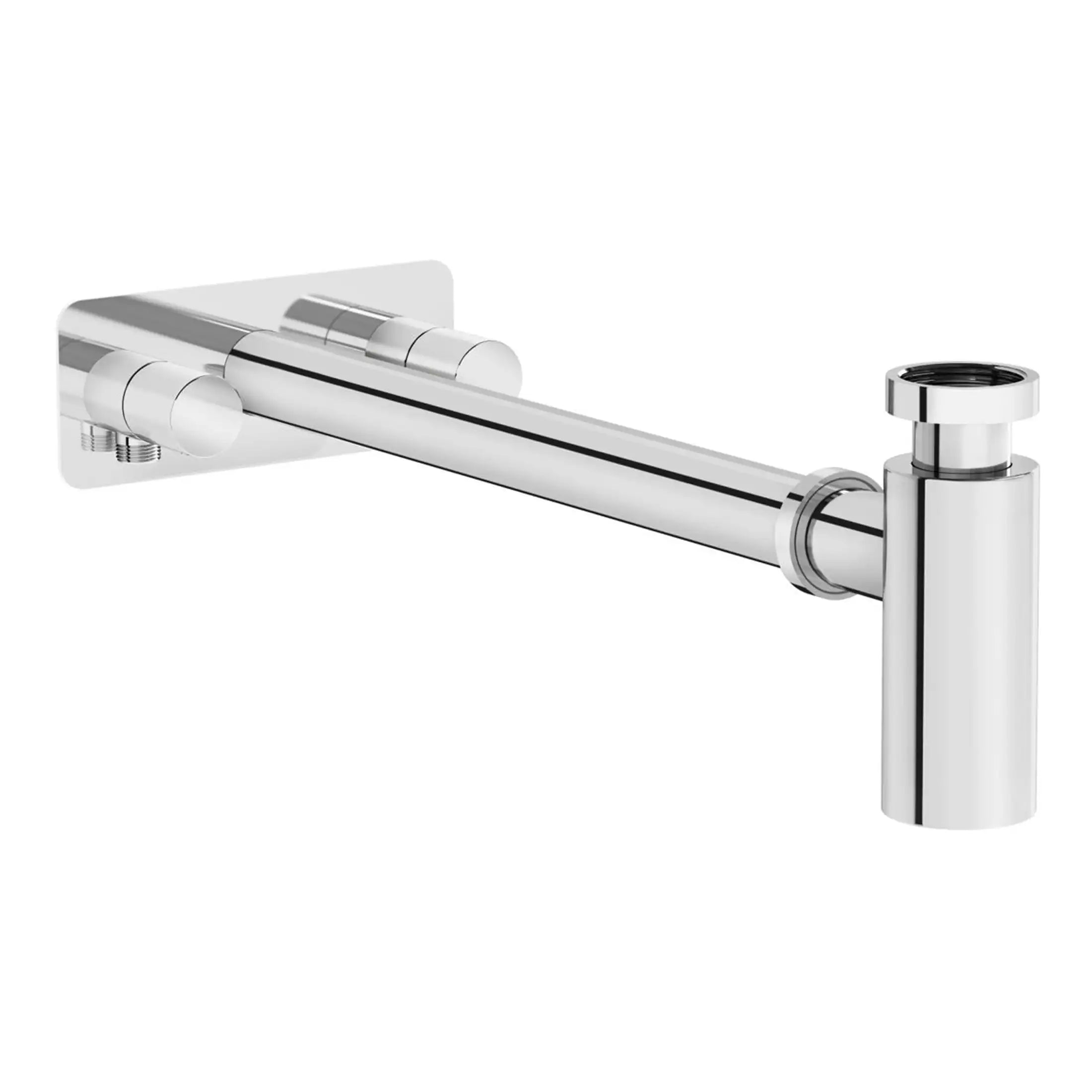Shiny chrome bathroom tap with a modern design, wall-mounted fixture for basin or sink, suitable for contemporary bathroom decor, high-quality plumbing fixture.