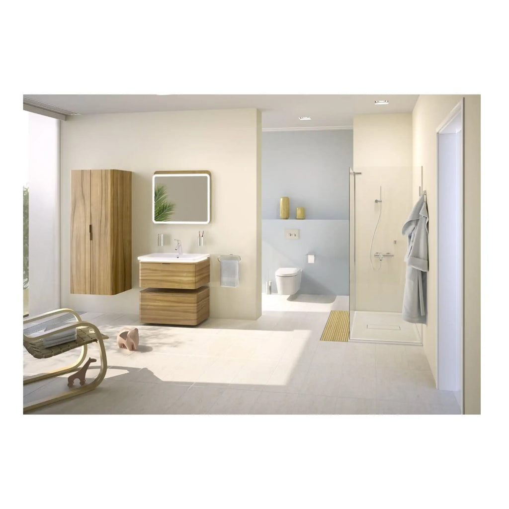 Sleek modern bathroom with wooden vanity, wall-mounted cabinet, mirror, walk-in shower, and a toilet in a minimalist design with neutral tones and natural light.