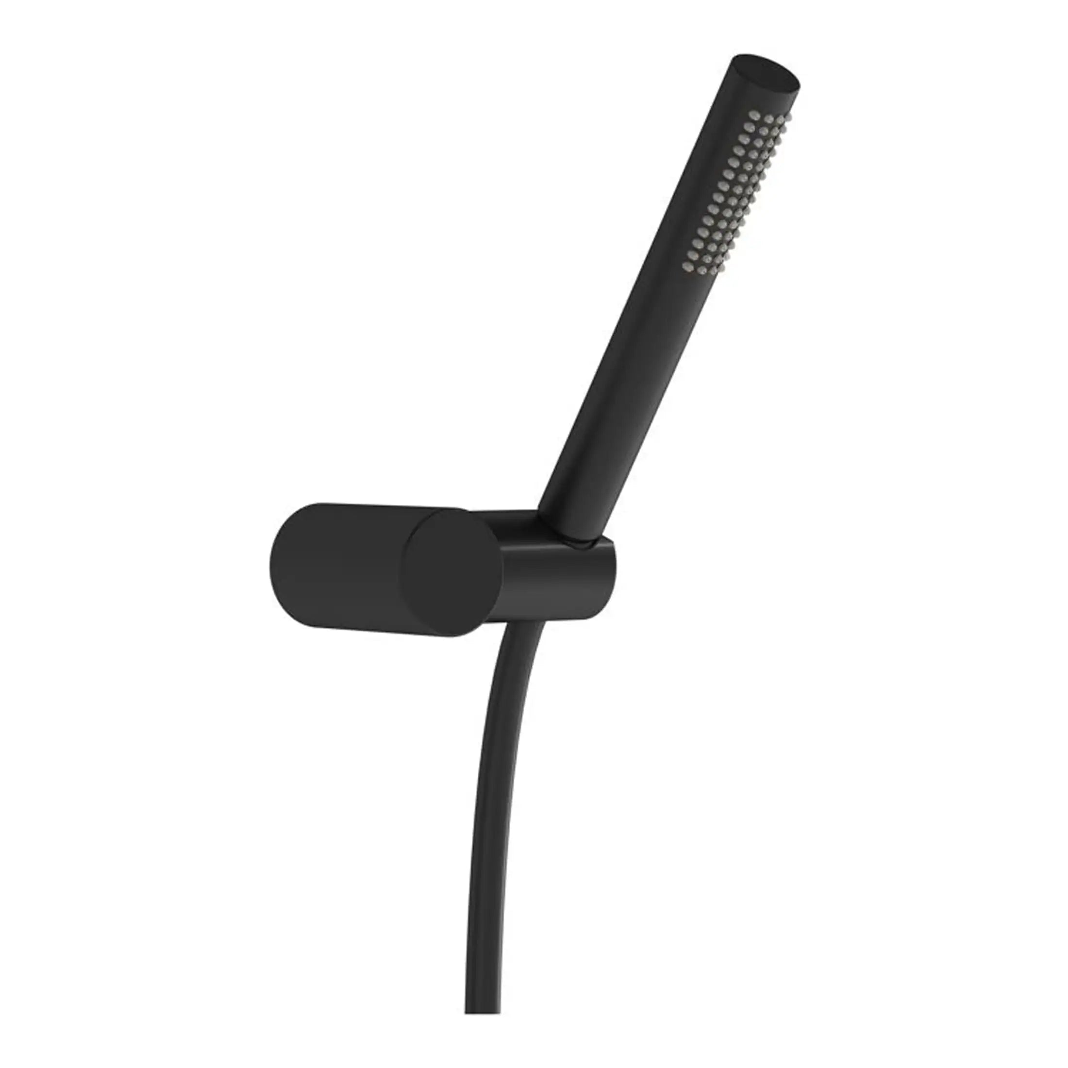 Flexible black shower head with adjustable spray settings, modern design, perfect for contemporary bathrooms.