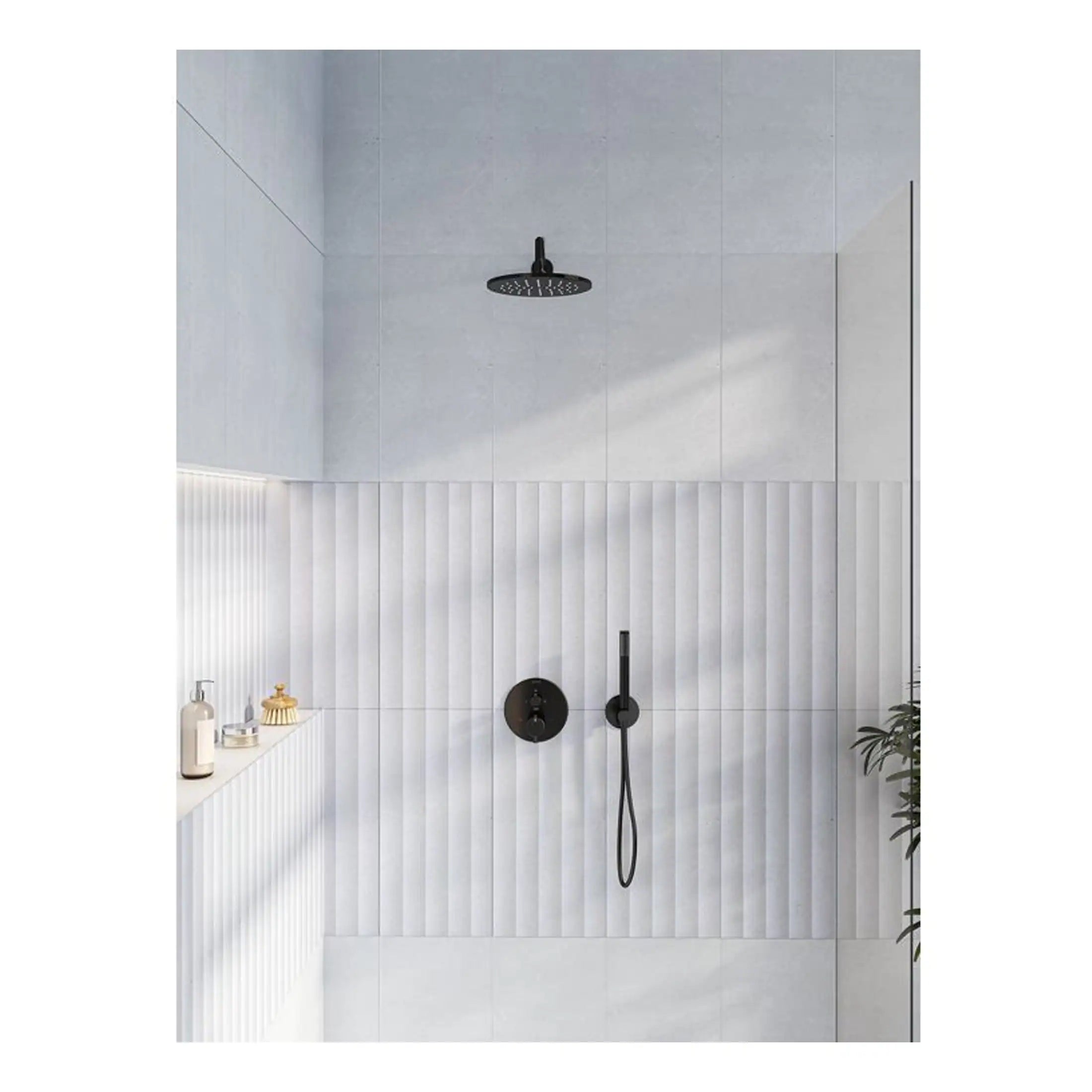 Modern black rainfall showerhead and handheld shower on a sleek, minimalist white tiled bathroom wall, designed for a luxurious and contemporary bathroom setting.