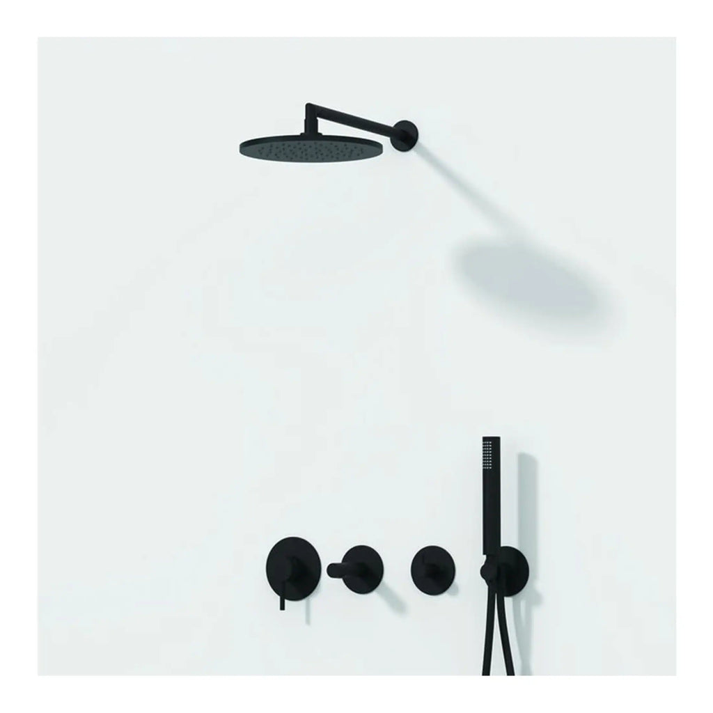 Sleek black modern showerhead and controls set for luxurious bathroom upgrades.