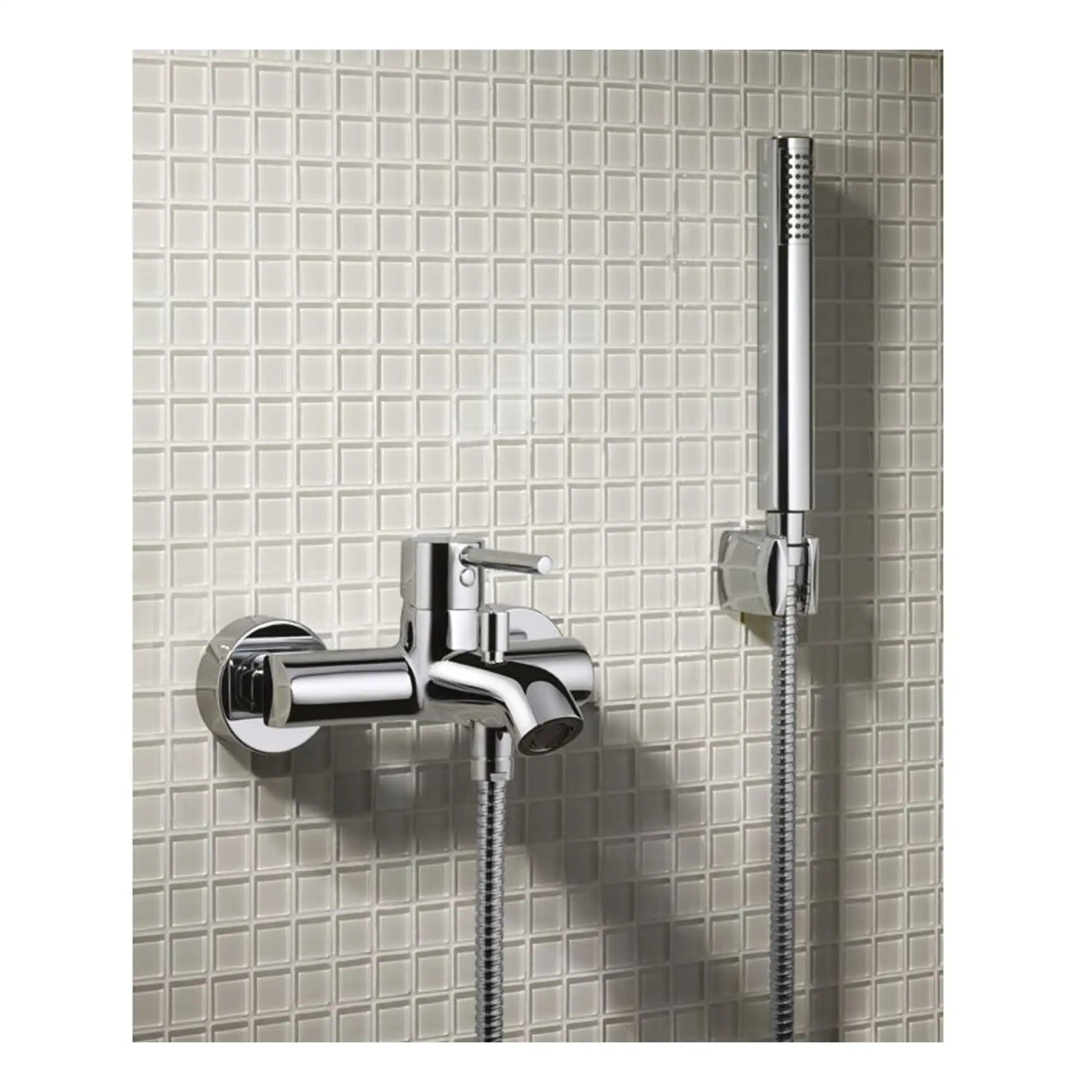 Shower mixer tap with handheld shower on tiled bathroom wall, chrome finish ideal for modern bathroom upgrades.
