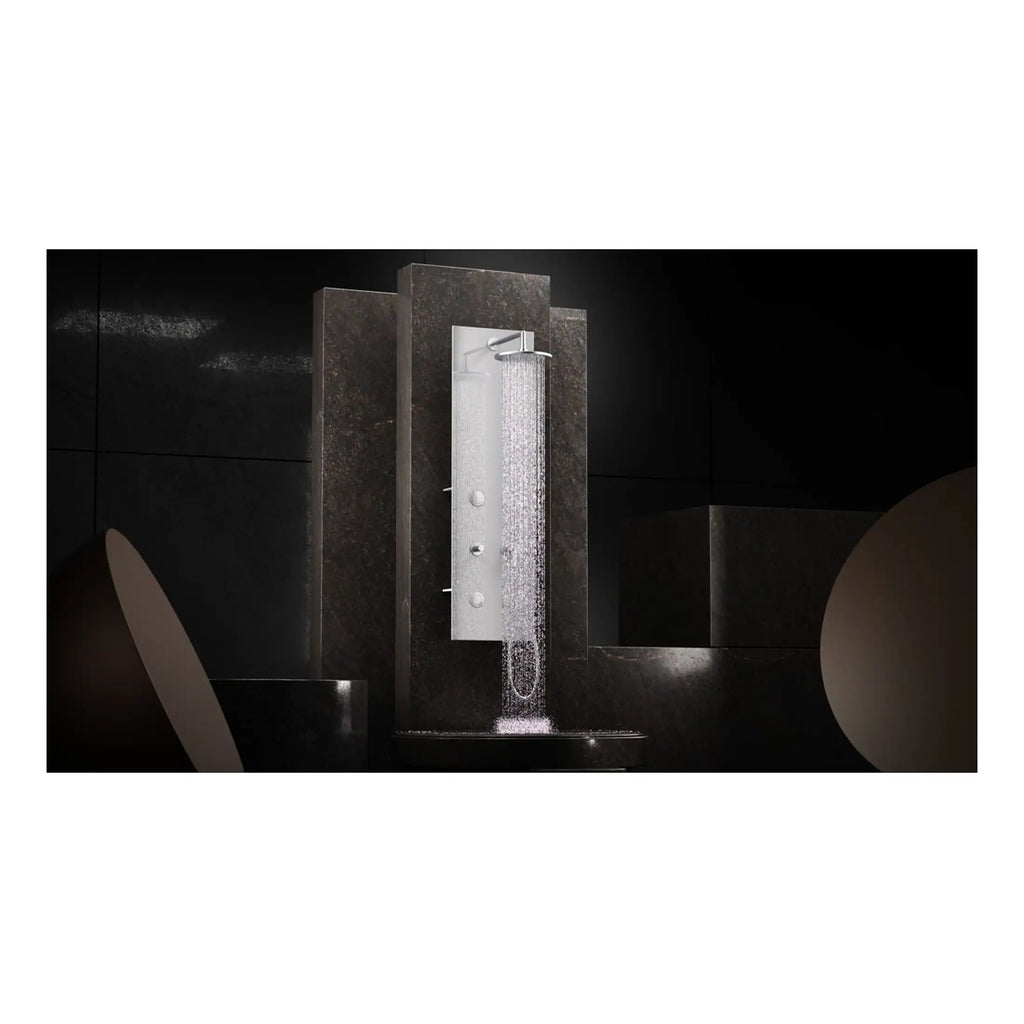 Shower panel with waterfall and jet features, modern black bathroom design with sleek fixtures, perfect for contemporary bathroom renovations.