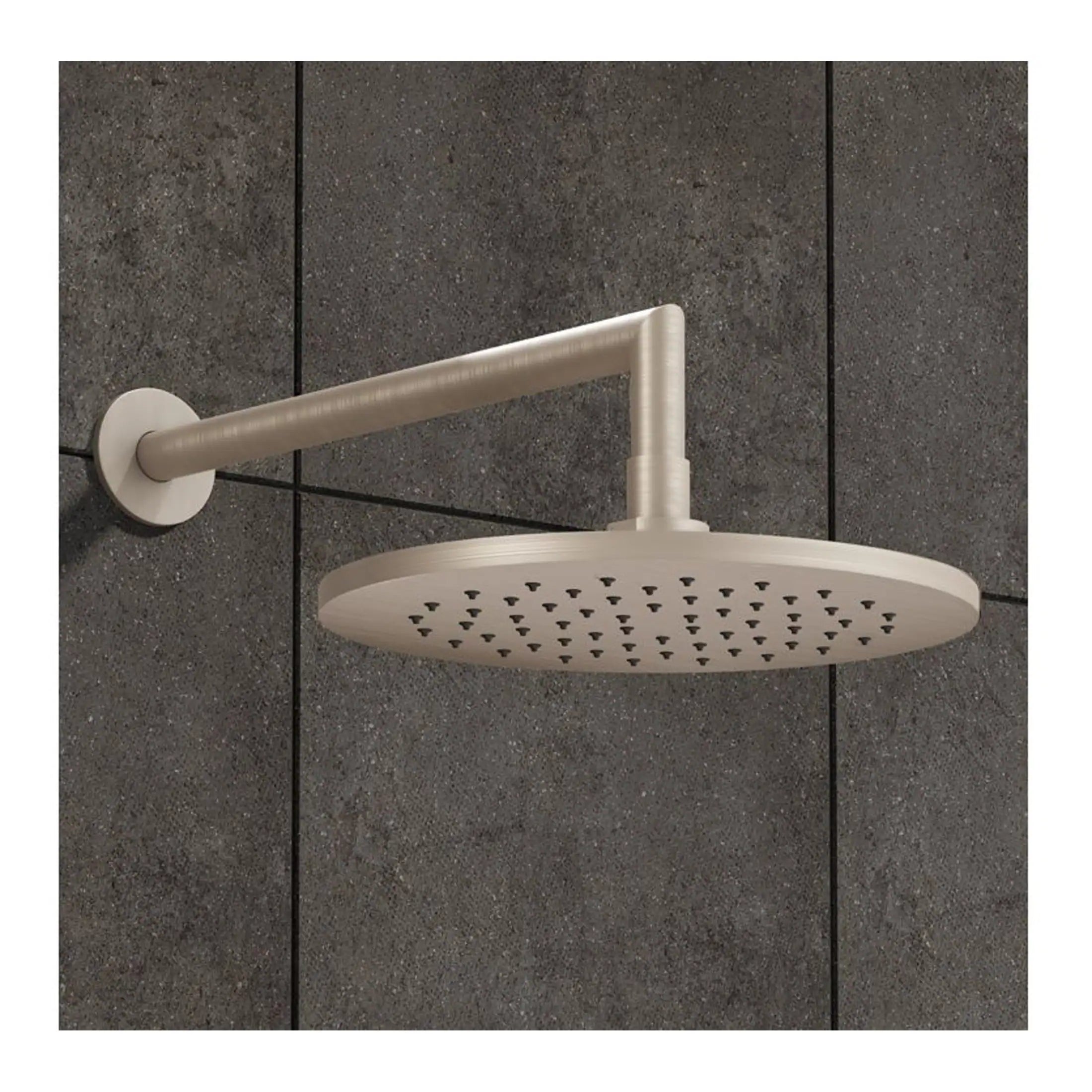 Sleek modern rain shower head mounted on dark tiled wall, ideal for contemporary bathroom design, enhanced with chrome finish for durability and style.