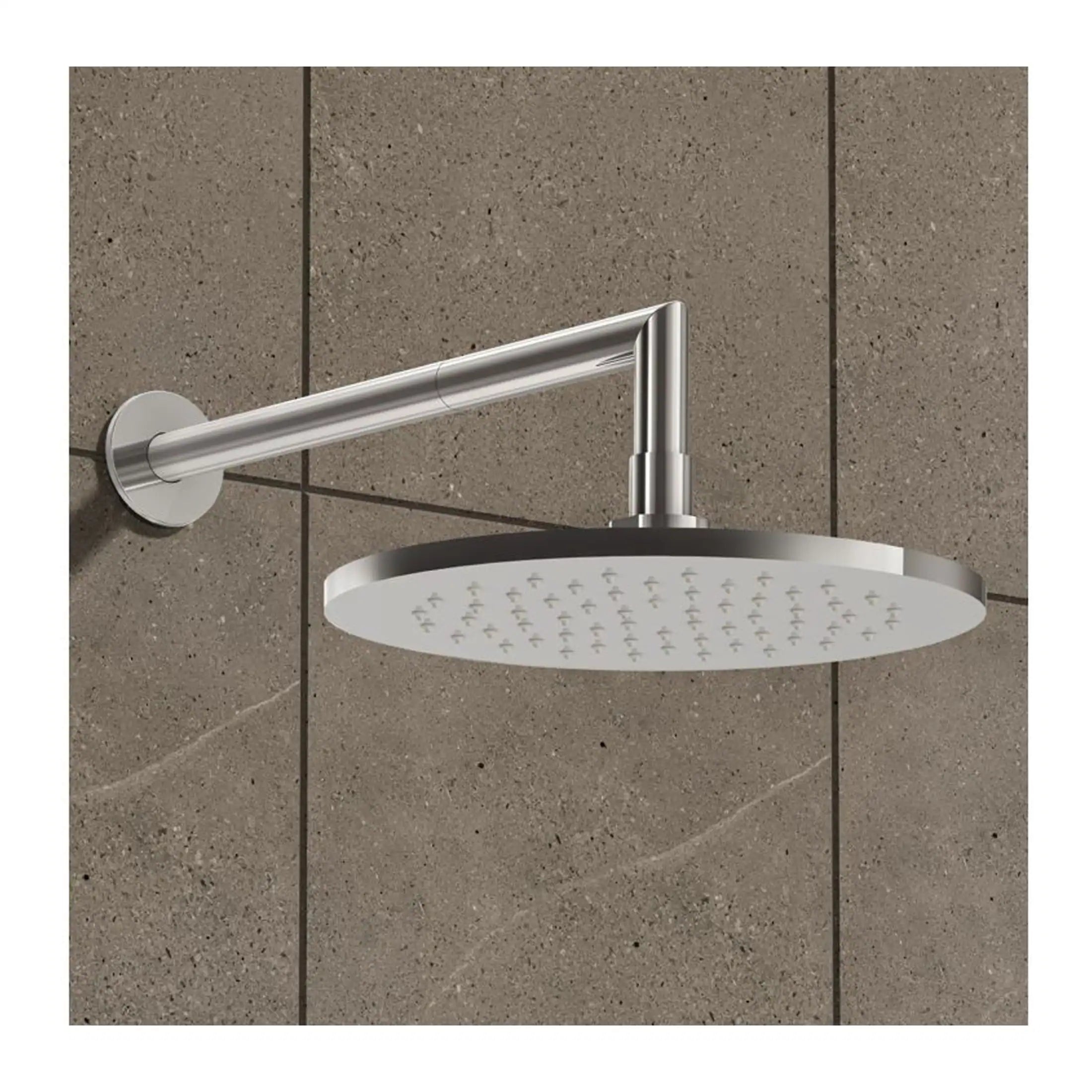 Sleek stainless steel rainfall showerhead mounted on tiled bathroom wall, modern bathroom shower fixture for luxury shower experience.