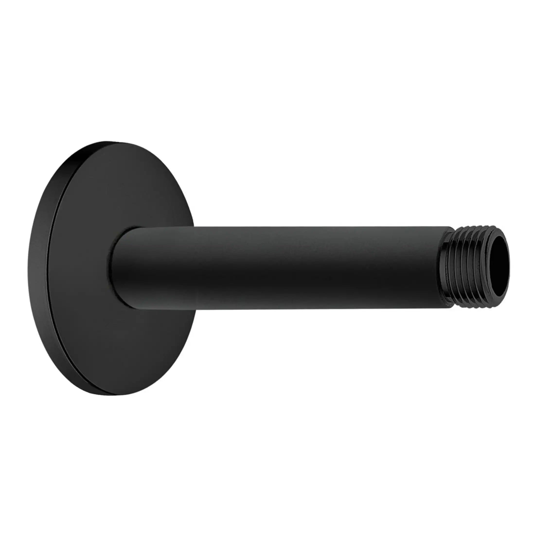 Stylish black wall-mounted shower arm designed for modern bathroom bathrooms by Bubly Bathrooms. Durable metal construction with a matte black finish. Perfect for a contemporary shower setup.