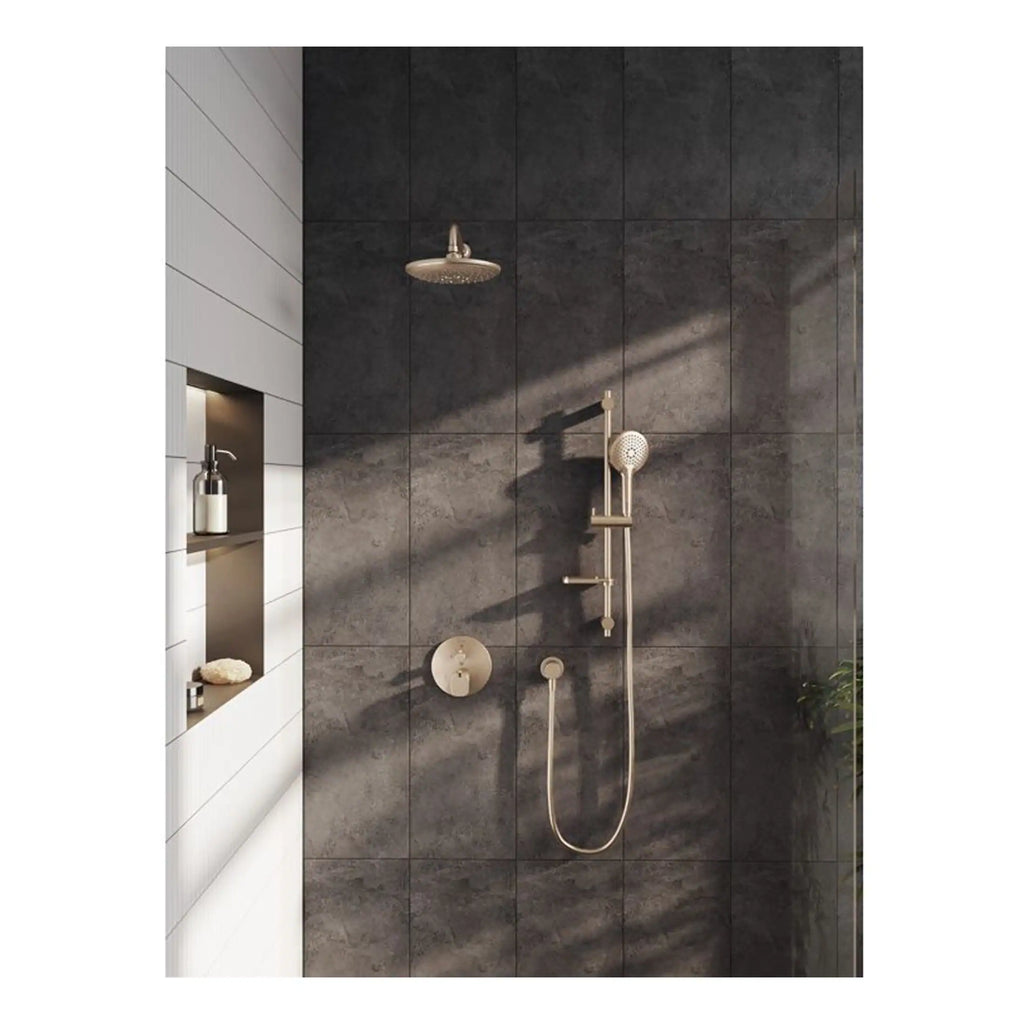 Sleek modern shower with large dark grey tiles, rainfall showerhead, handheld shower attachment, and minimalist controls in contemporary bathroom design.