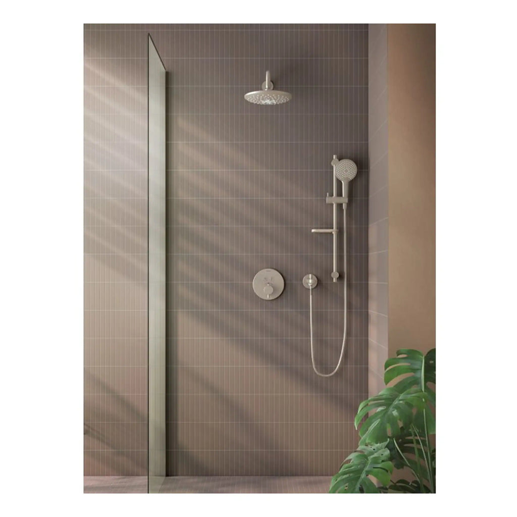 Modern walk-in shower with rainfall and handheld showerheads, beige tiled wall, glass partition, and lush green plant in a contemporary bathroom setting.