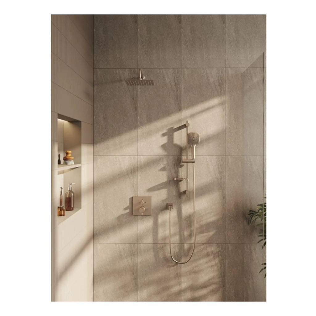 Modern walk-in shower with rainfall showerhead and sleek fixtures in a contemporary bathroom setting.