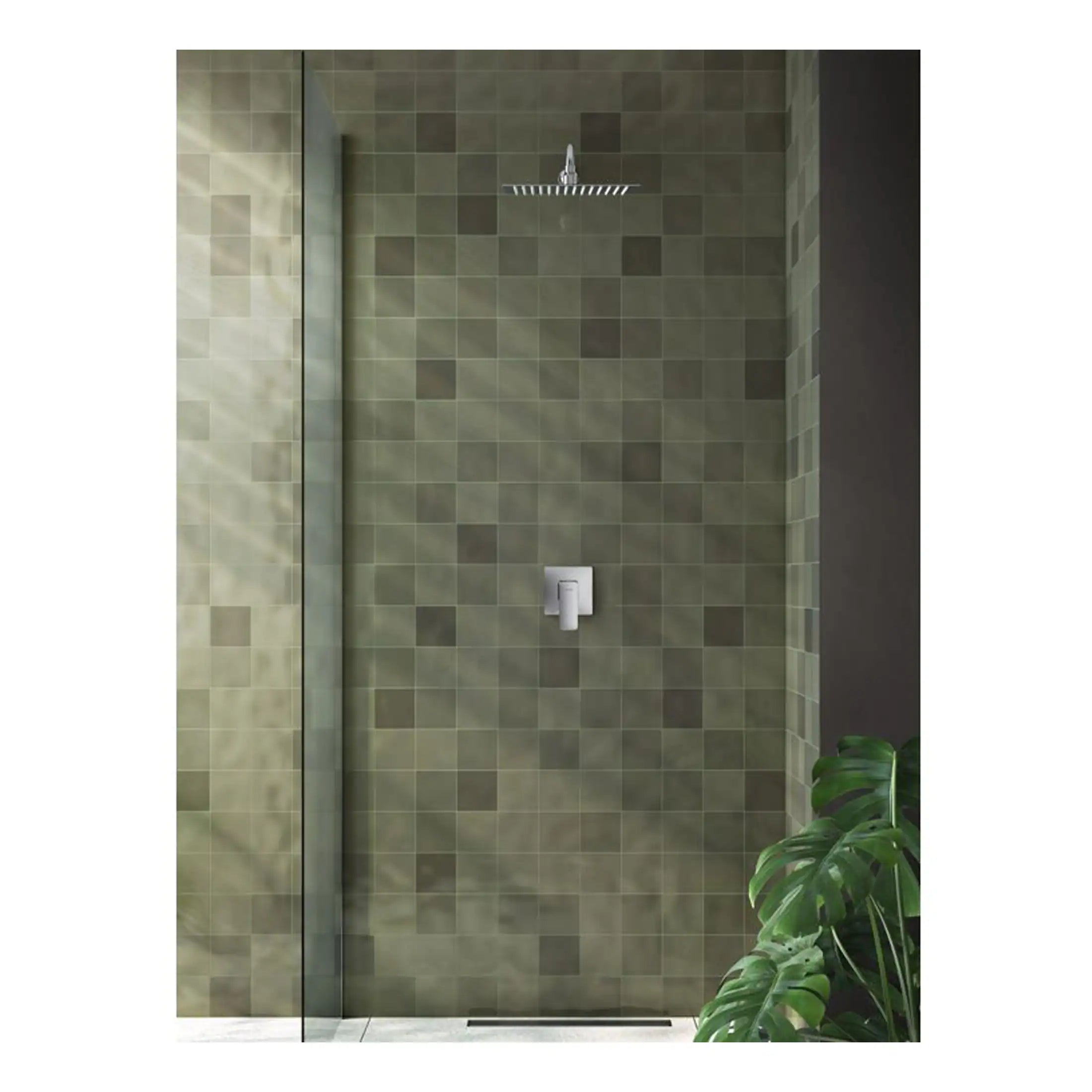 Bright modern walk-in shower with green tile walls, rainfall showerhead, and sleek chrome fixtures in a contemporary bathroom design.