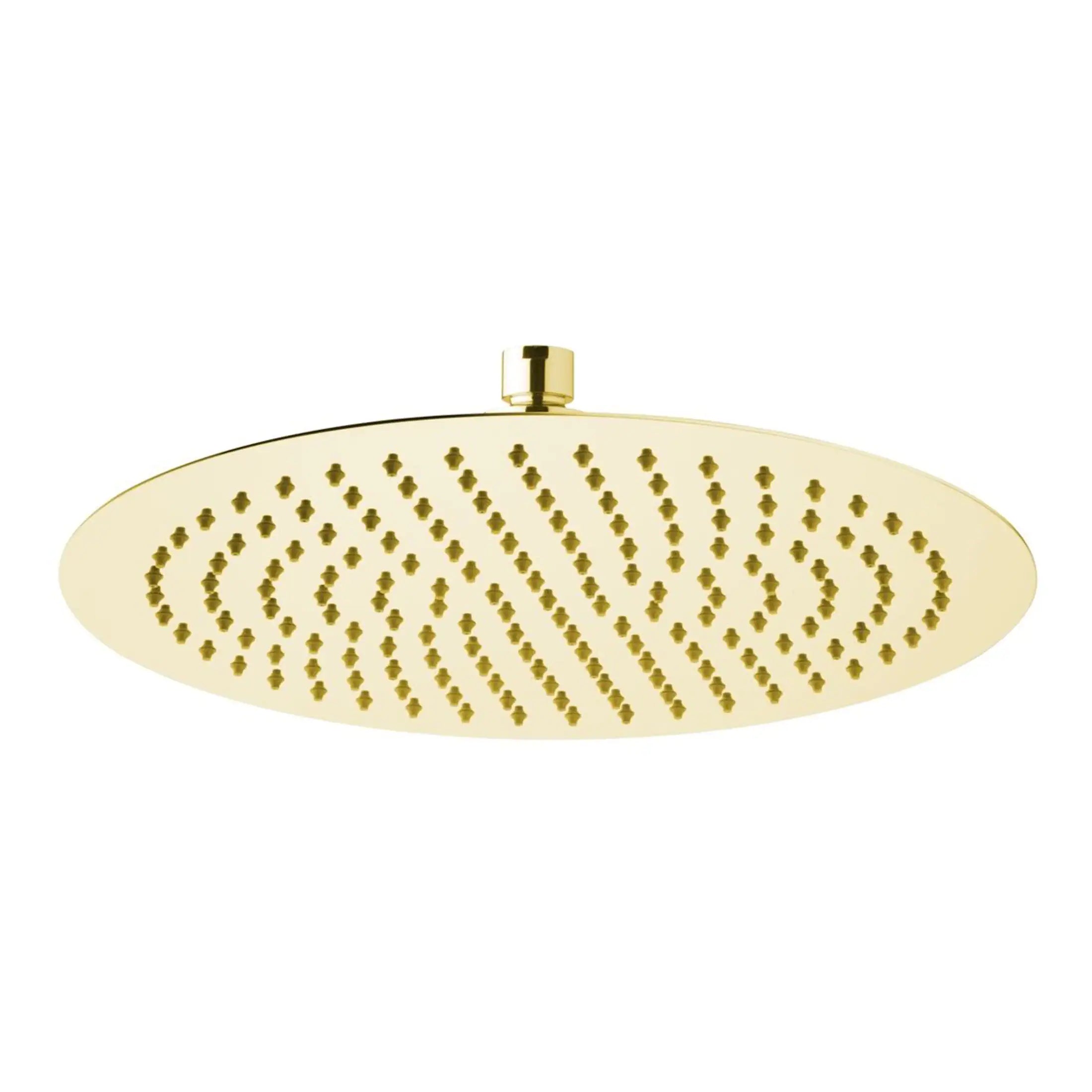 Showerhead with a round, gold finish and multiple small nozzles for a luxurious rain shower experience. Perfect for upgrading bathroom fixtures with modern, stylish design.