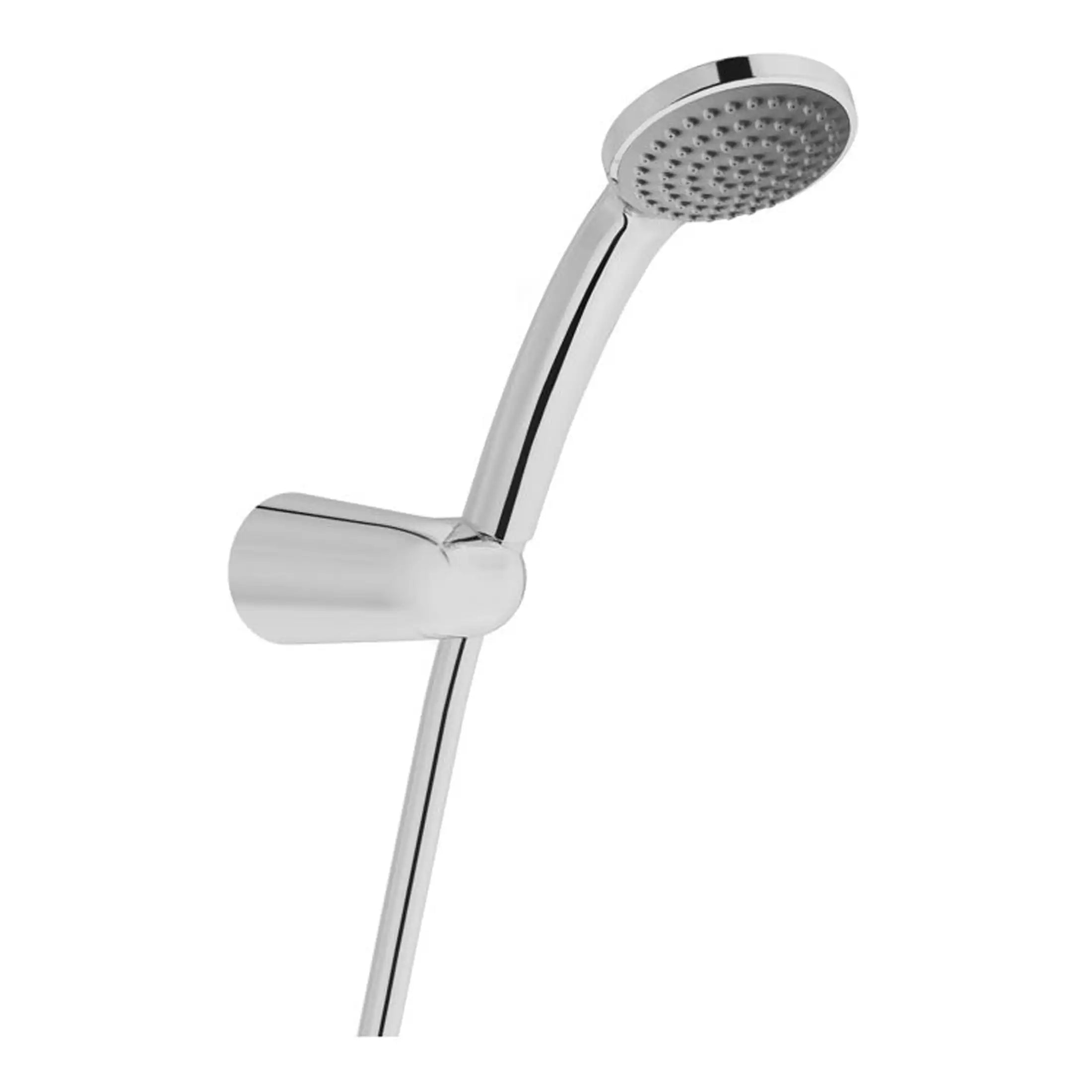 Shower head with a sleek chrome finish, flexible hose, suitable for modern bathrooms and bathroom renovations. Compact design ideal for hand-held showering and easy installation.