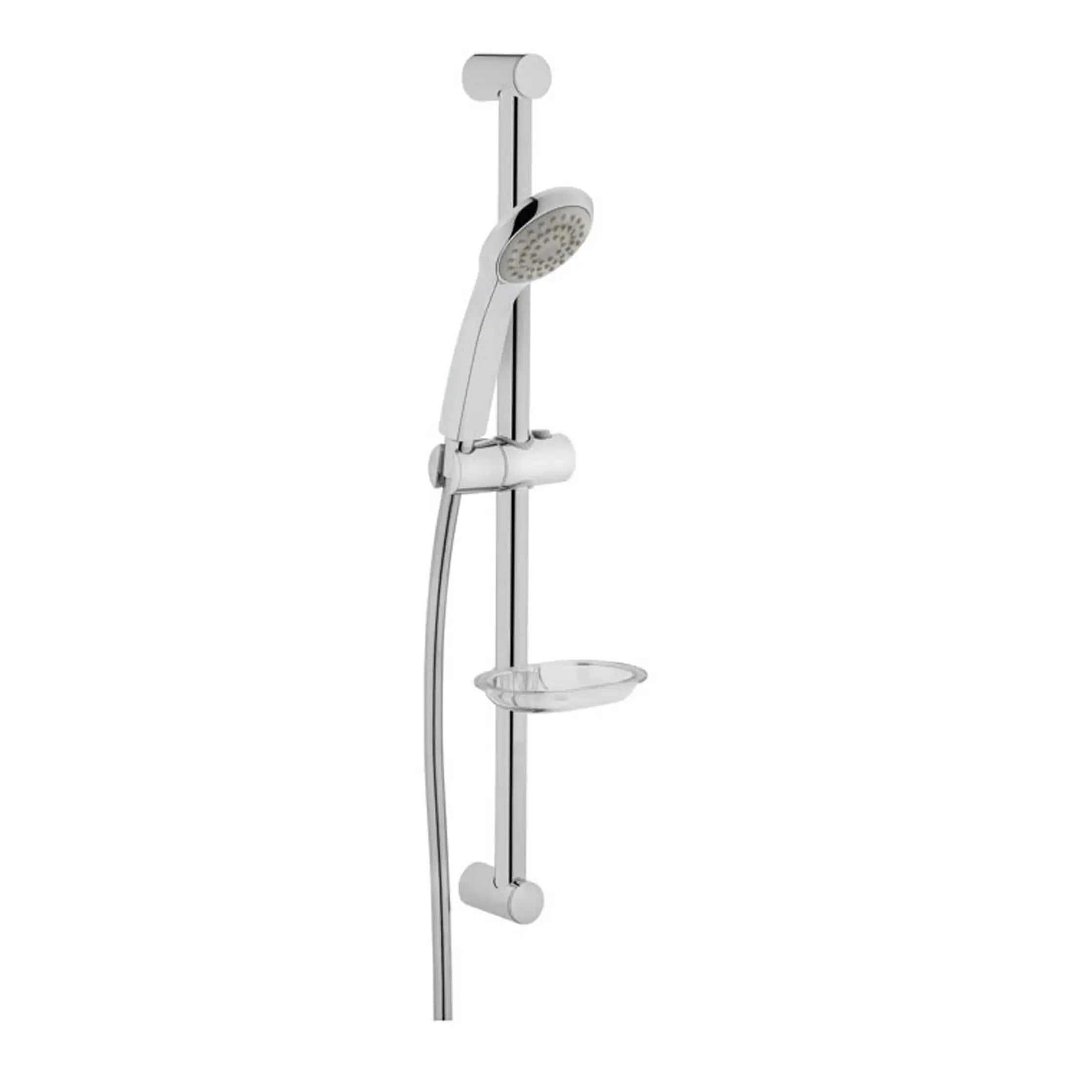 Shower head and rail system from Bubly Bathrooms, featuring a sleek chrome finish, adjustable shower head, and built-in soap dish for a modern, functional bathroom upgrade.