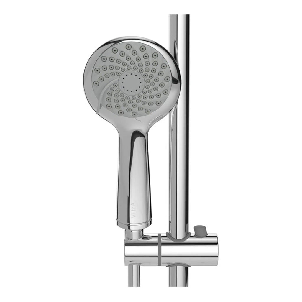 Showerhead with adjustable spray nozzles, chrome finish, installed on a metal shower rail for modern bathroom design and optimal water flow.