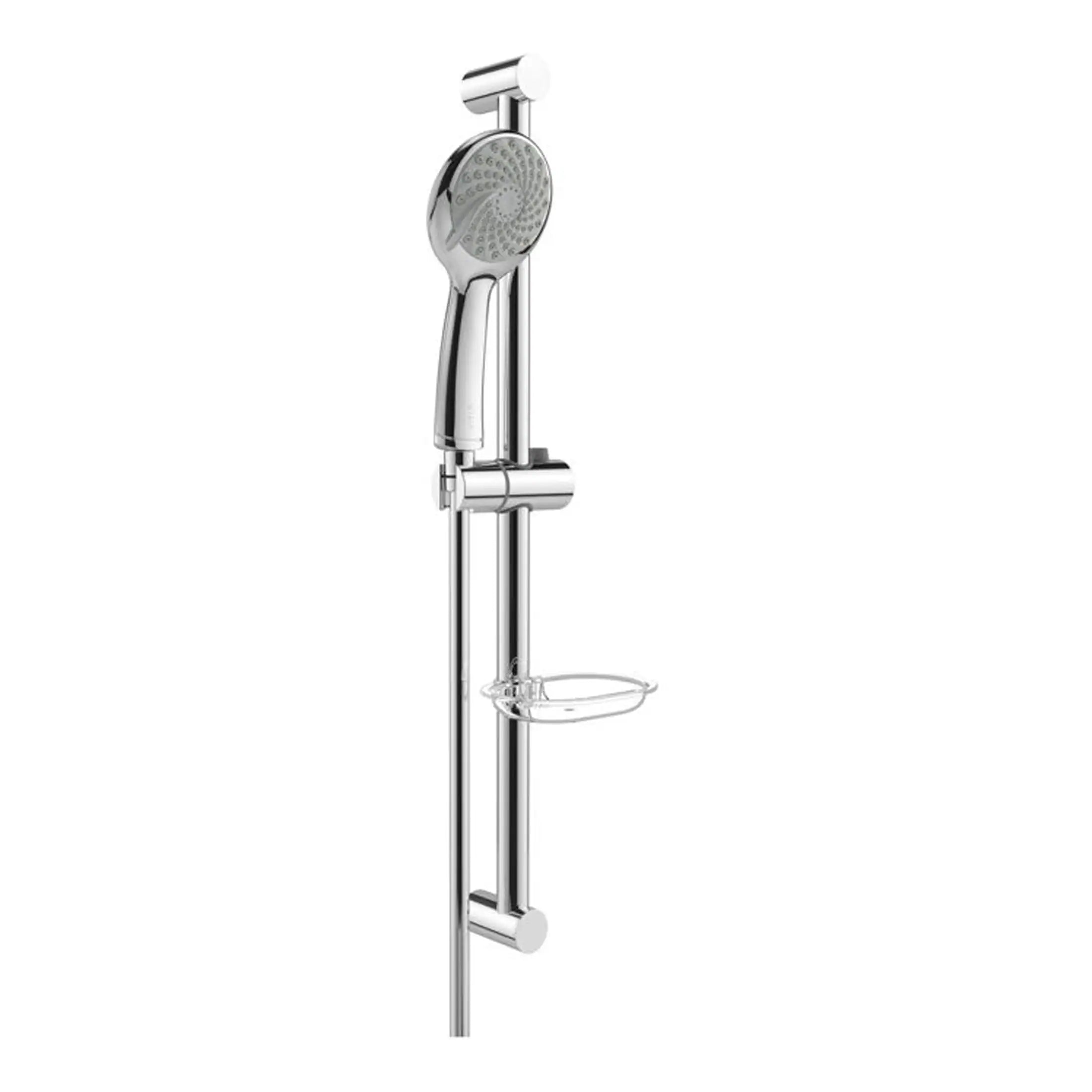 Shower head and rail system for modernised bathroom showering, finished in sleek chrome for a contemporary look and durability.