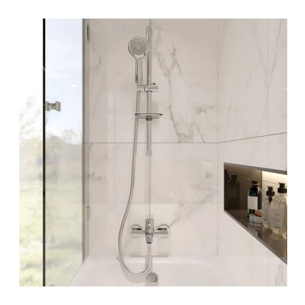 Sleek modern shower with chrome fixtures and a built-in niche on a marble-tiled wall. Perfect for contemporary bathroom upgrades.