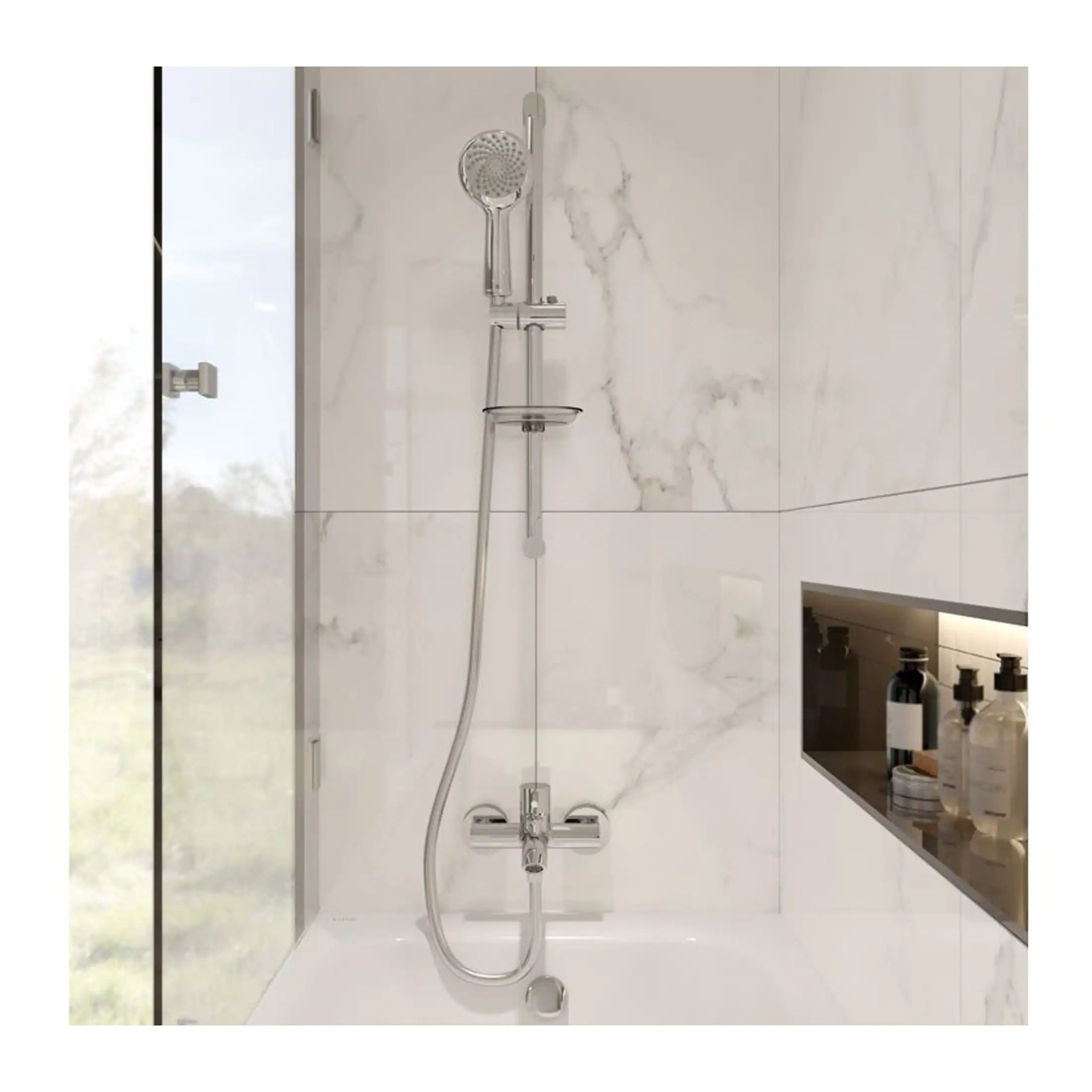 Sleek modern shower with chrome fixtures and a built-in niche on a marble-tiled wall. Perfect for contemporary bathroom upgrades.