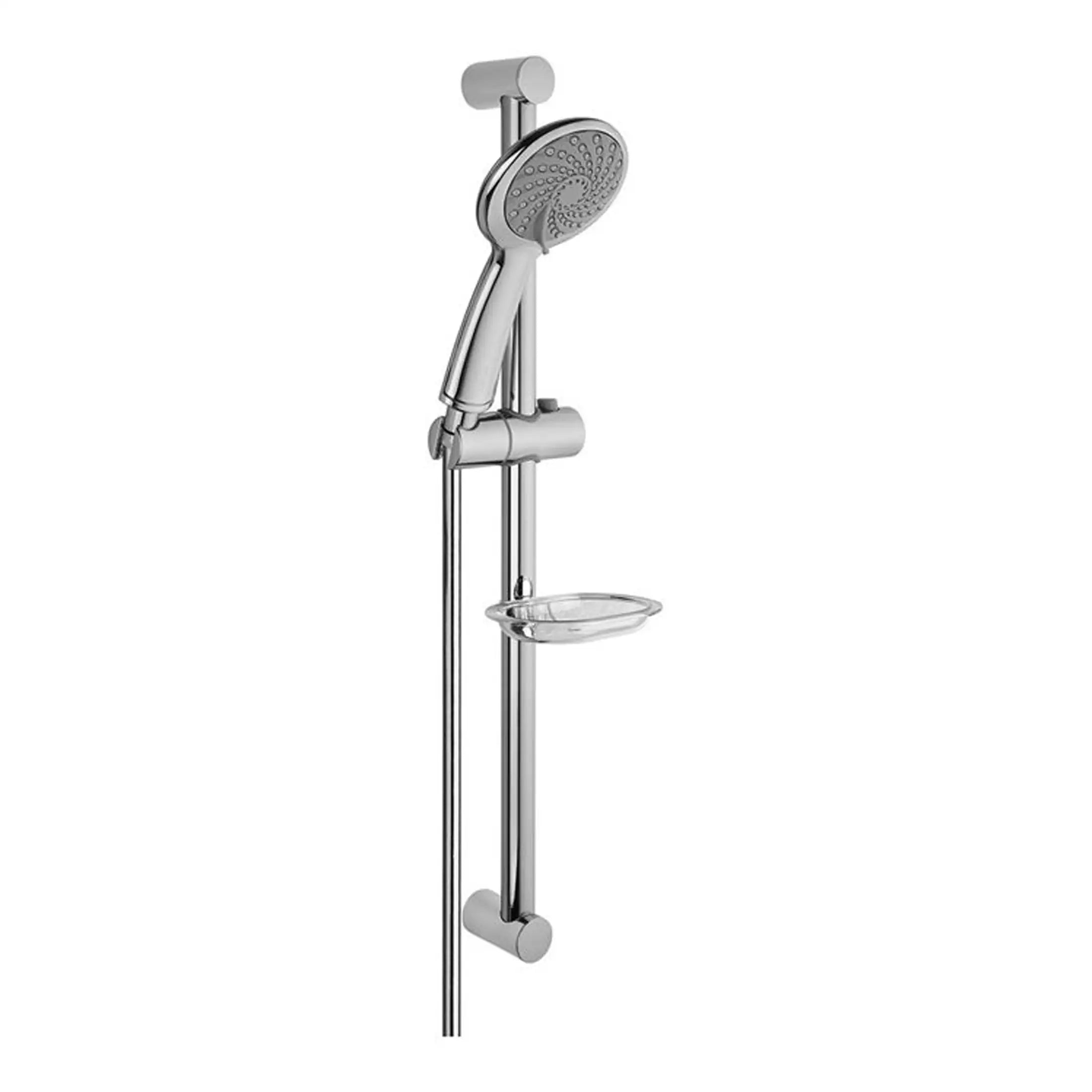 Shower rail with adjustable handheld showerhead, chrome finish, and built-in soap dish for modern bathroom aesthetics. Perfect for versatile showering needs.