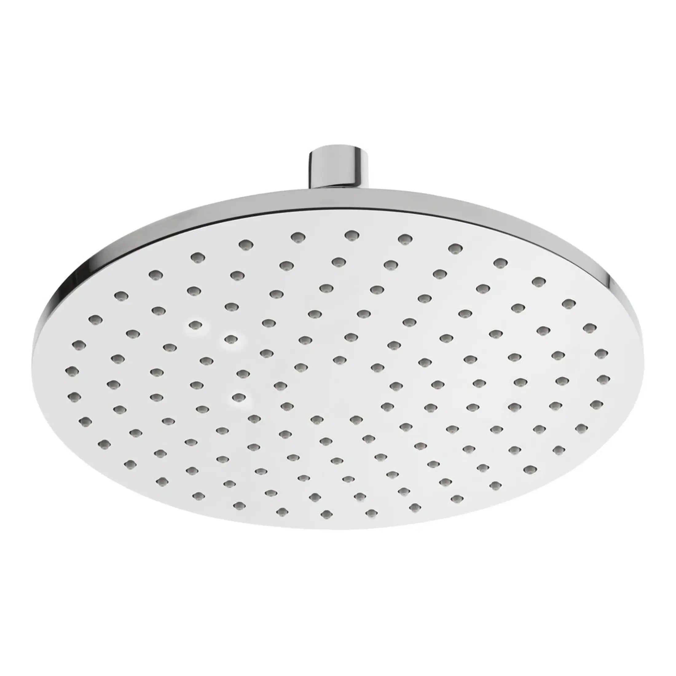 Polished chrome round shower head with multiple spray nozzles, modern bathroom fixture for luxurious shower experience.