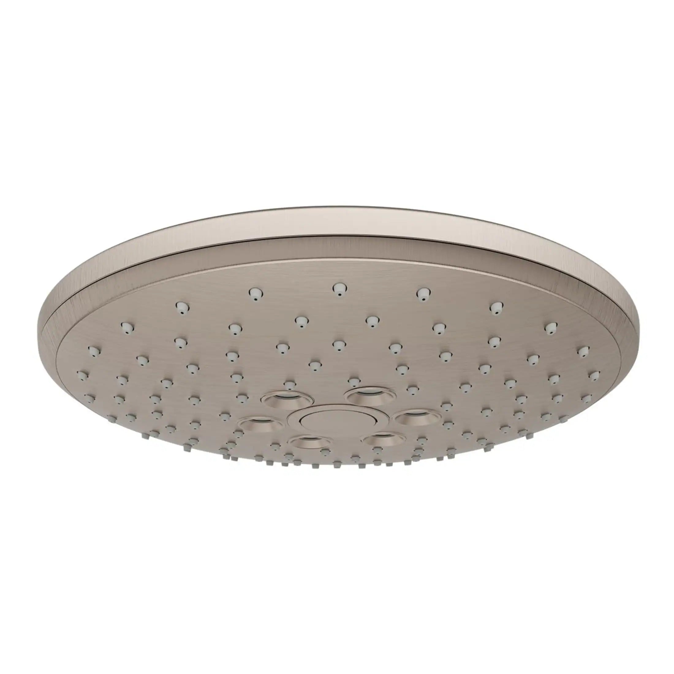 Round rainfall shower head with multiple nozzles and sleek modern design for luxurious bathroom upgrades.
