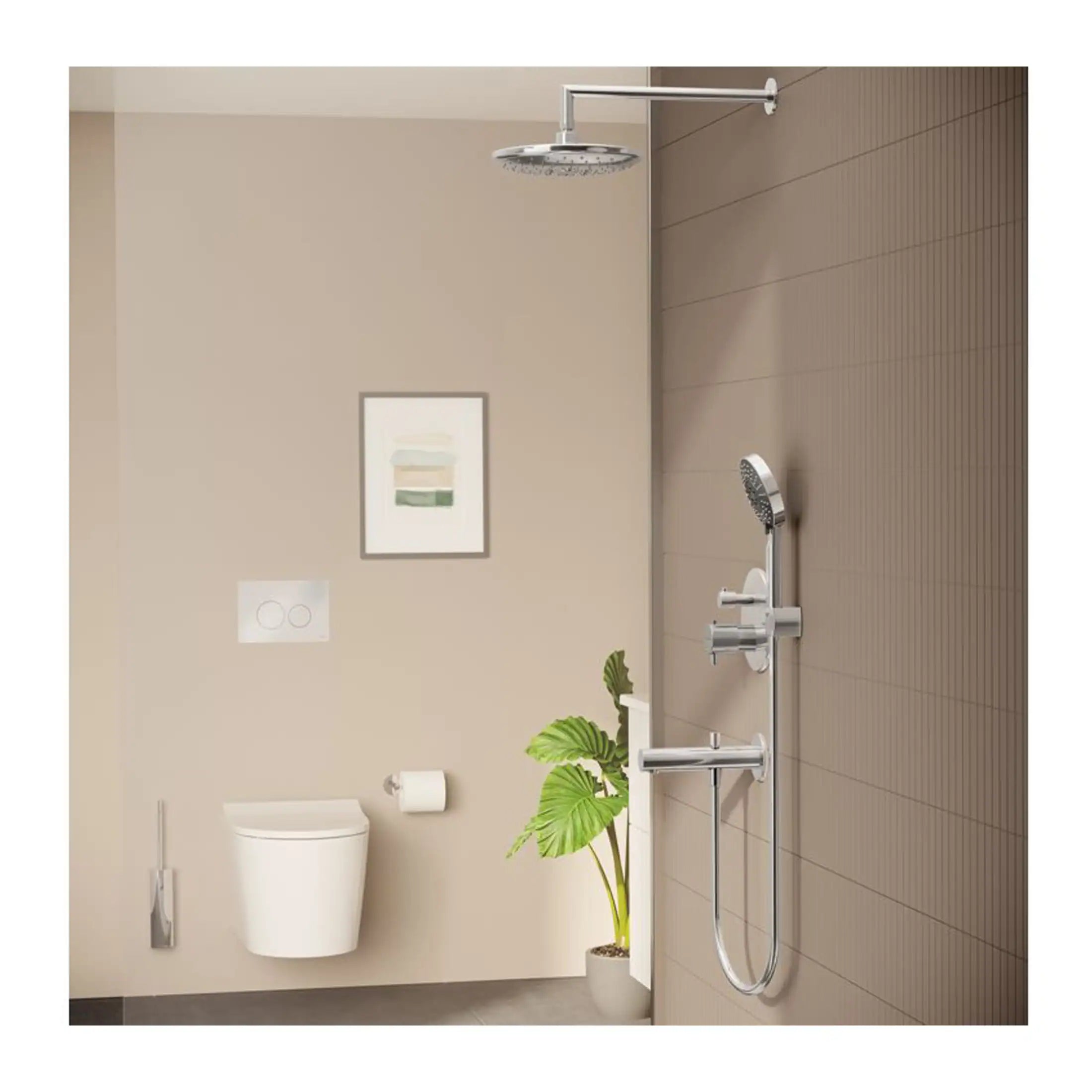 Modern bathroom with wall-mounted toilet, beige and brown tiled walls, and a sleek rainfall shower head with hand-held shower attachment. Featuring minimalist design and natural greenery for a spa-like feel.