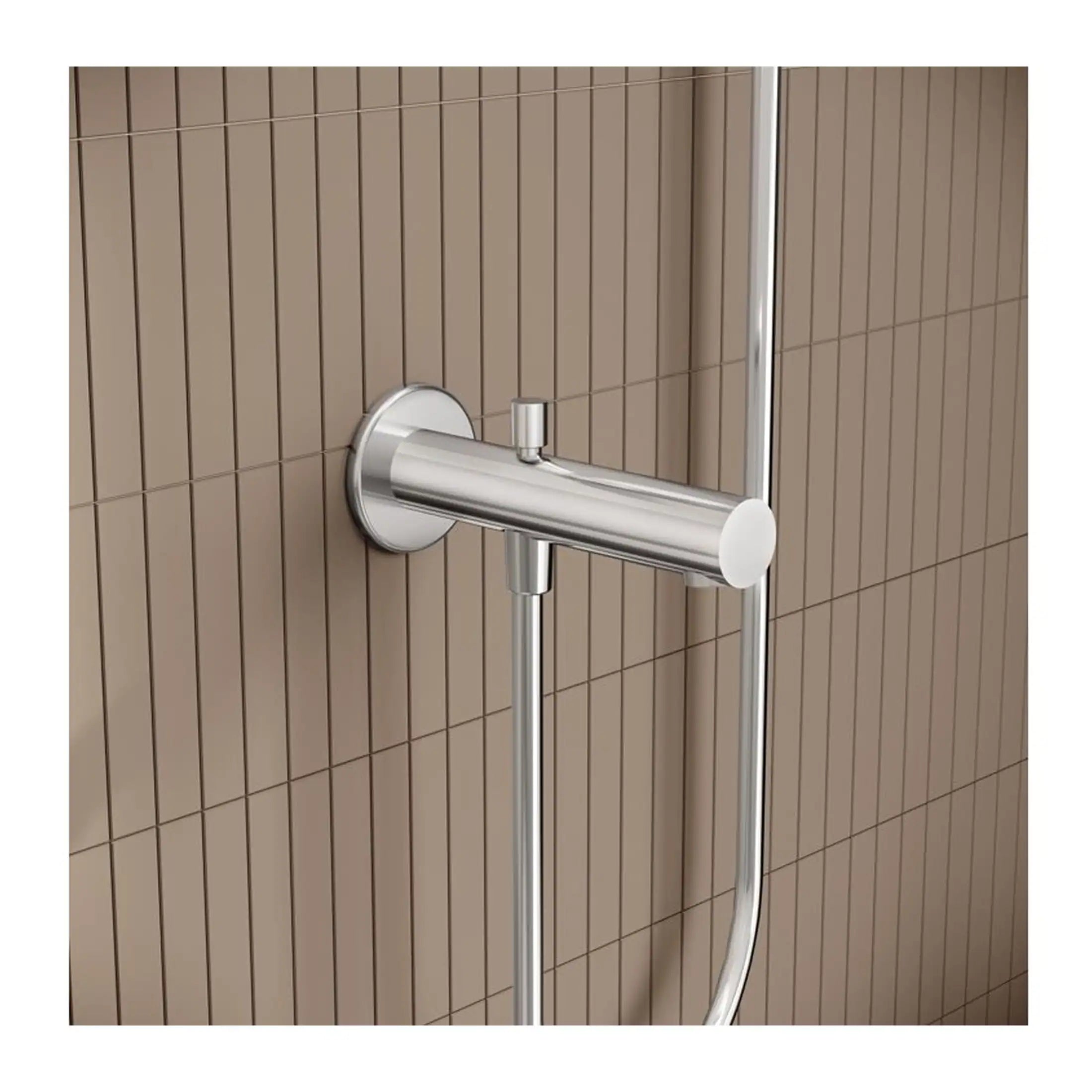 Seated metal grab rail securely mounted on tiled bathroom wall, designed for safety and accessibility in modern bathroom bathrooms.