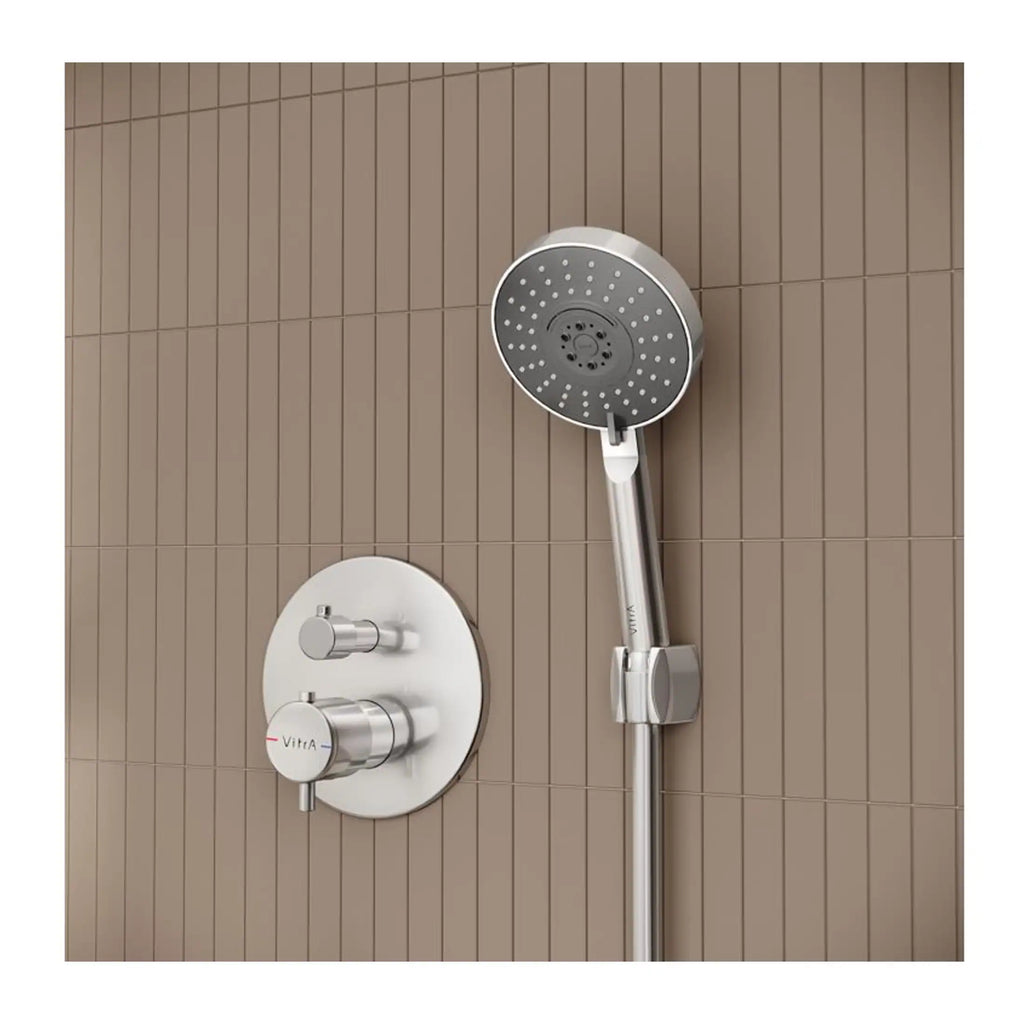 Sleek modern showerhead and mixer tap system in a contemporary bathroom with brown tiled wall, offering luxury bathroom remodel ideas and high-quality shower solutions.