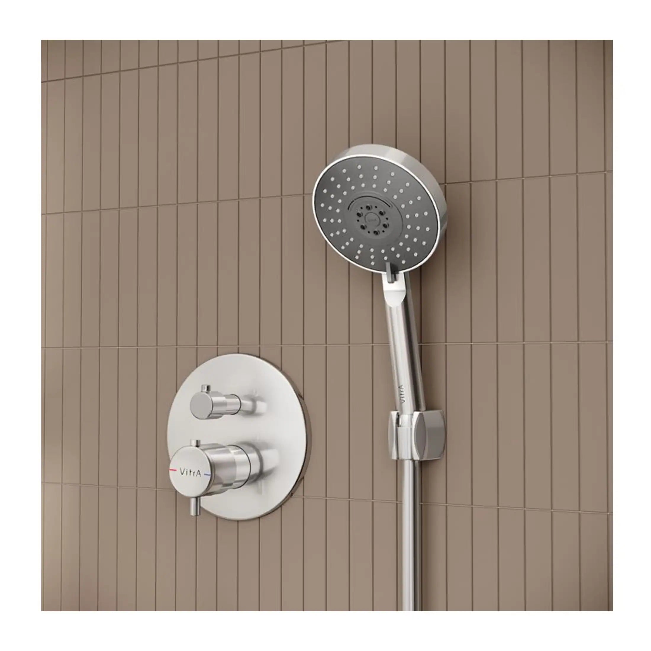 Sleek modern showerhead and mixer tap system in a contemporary bathroom with brown tiled wall, offering luxury bathroom remodel ideas and high-quality shower solutions.