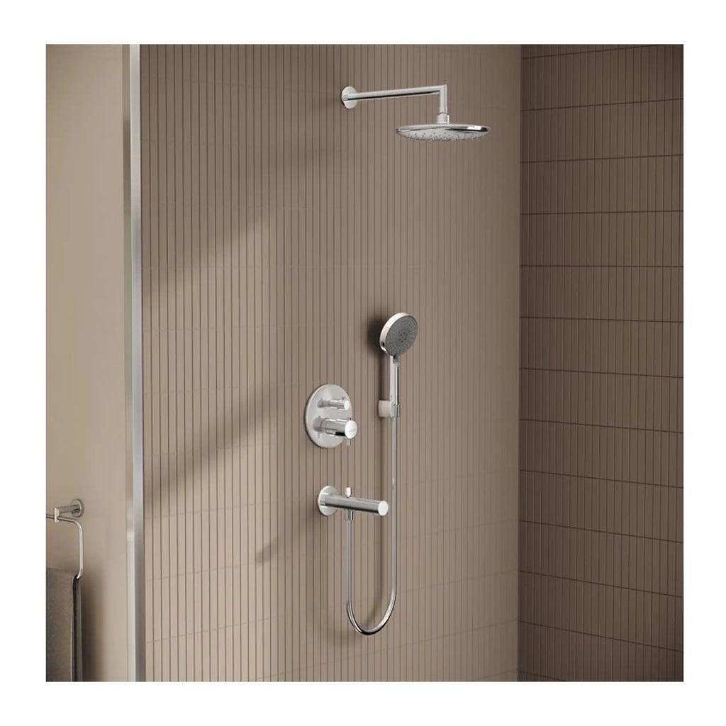 Shower system with overhead shower and handheld attachment in a modern bathroom with brown tiled wall.