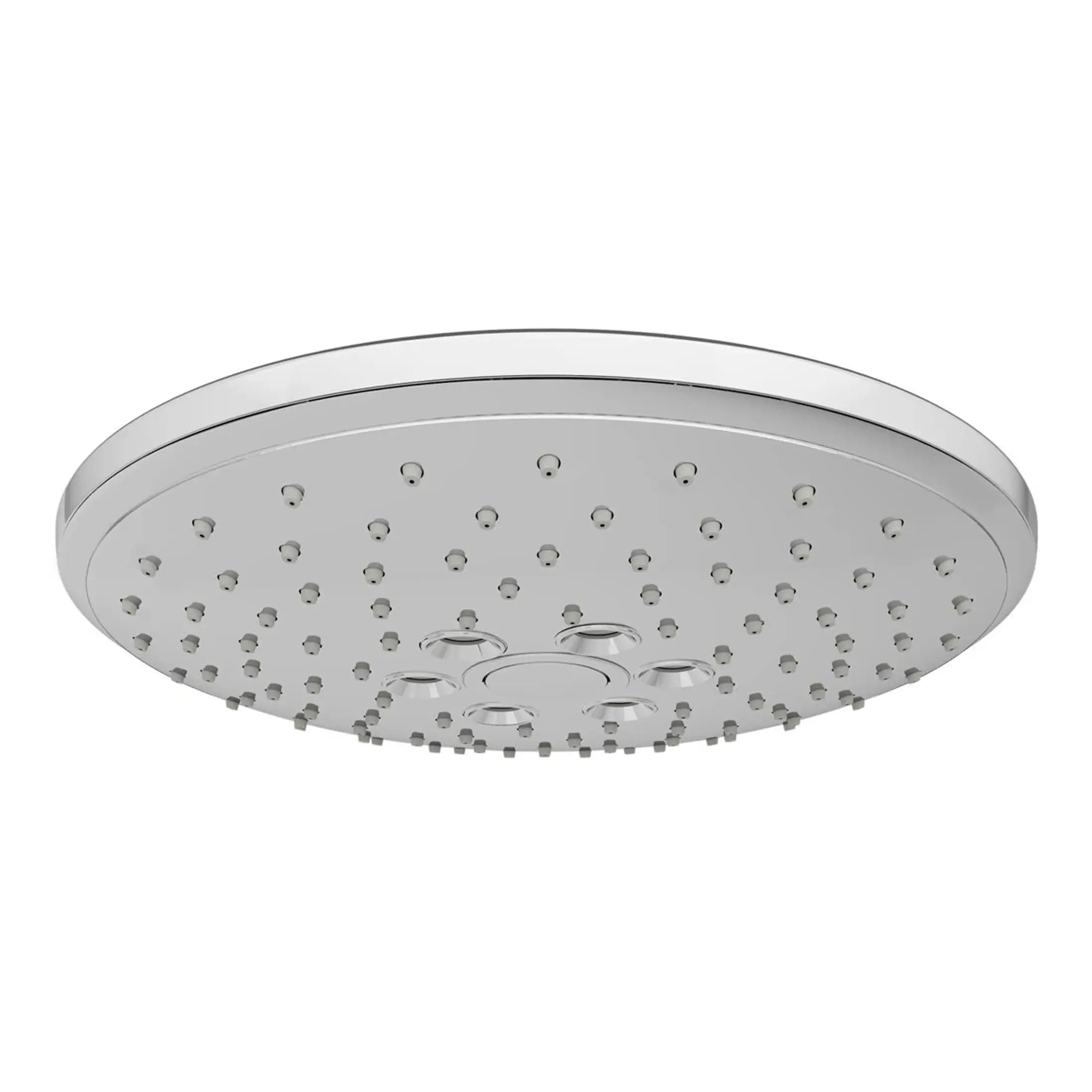 Large white rainfall showerhead with multiple water nozzles for a luxurious bathroom upgrade.