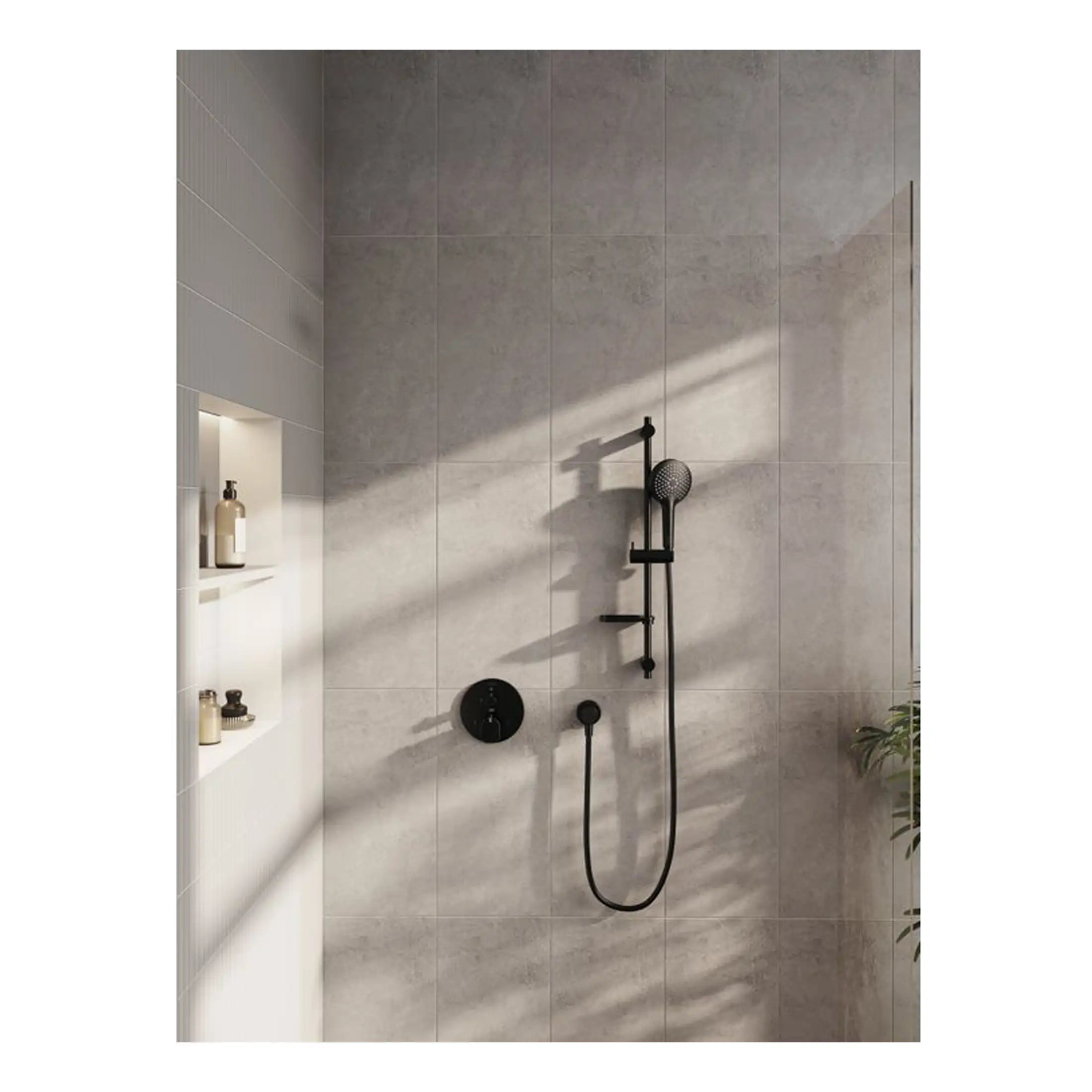 Black modern shower panel with rain showerhead and hand-held shower in a contemporary bathroom setting.
