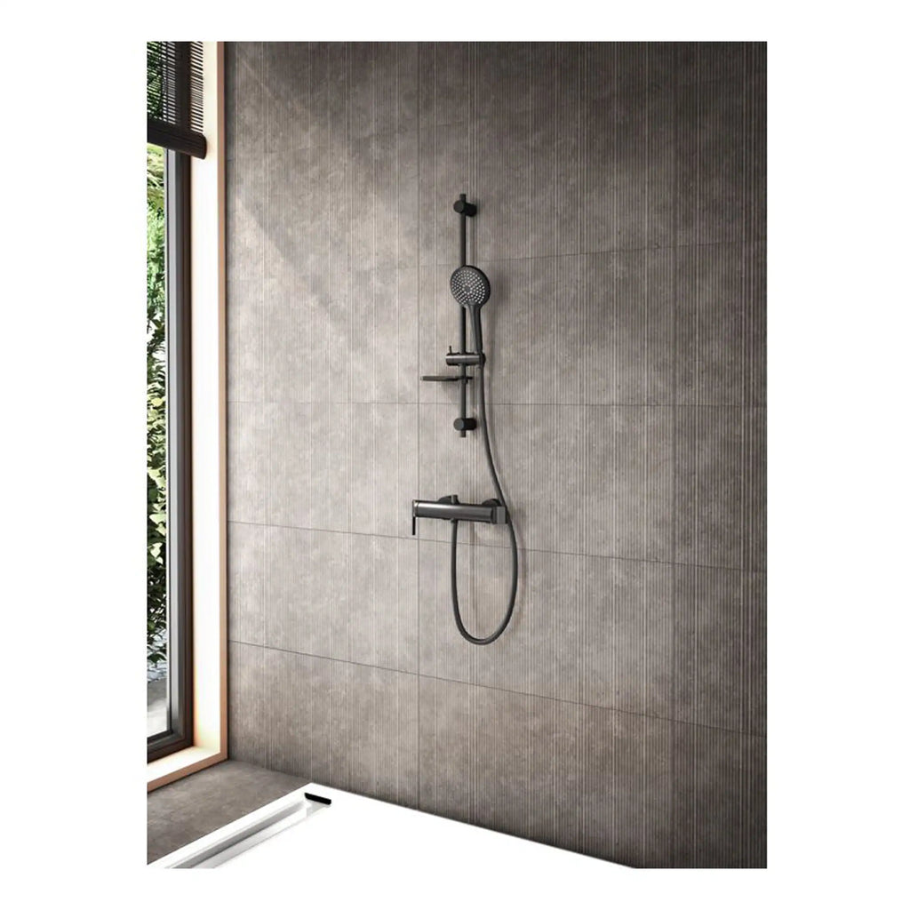Sleek black modern shower fixture with handheld shower head and wall-mounted controls in a contemporary bathroom setting.