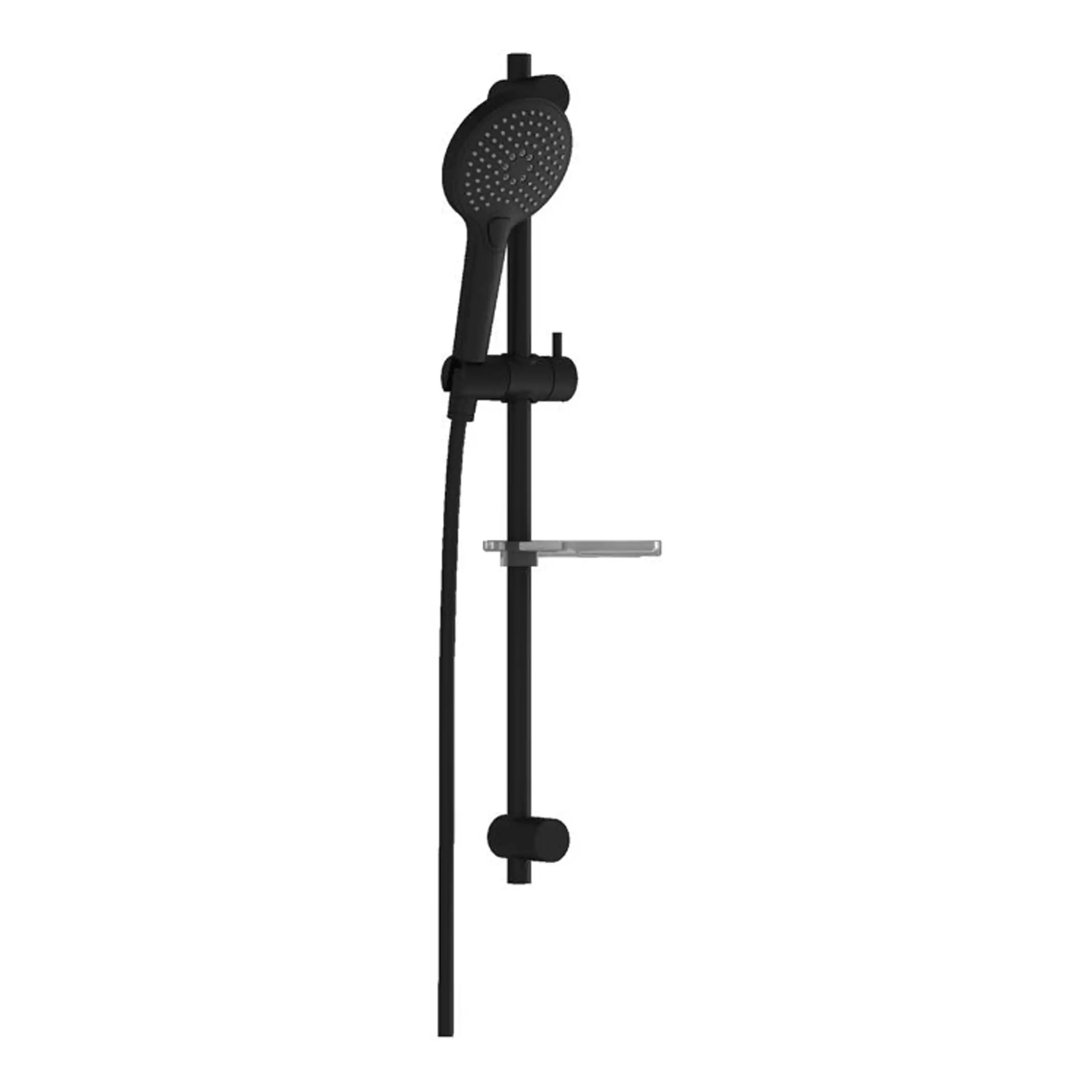 Black handheld shower with adjustable slide rail for versatile bathroom showering. Modern black finish, easy to install, ideal for contemporary bathroom bathroom upgrades.