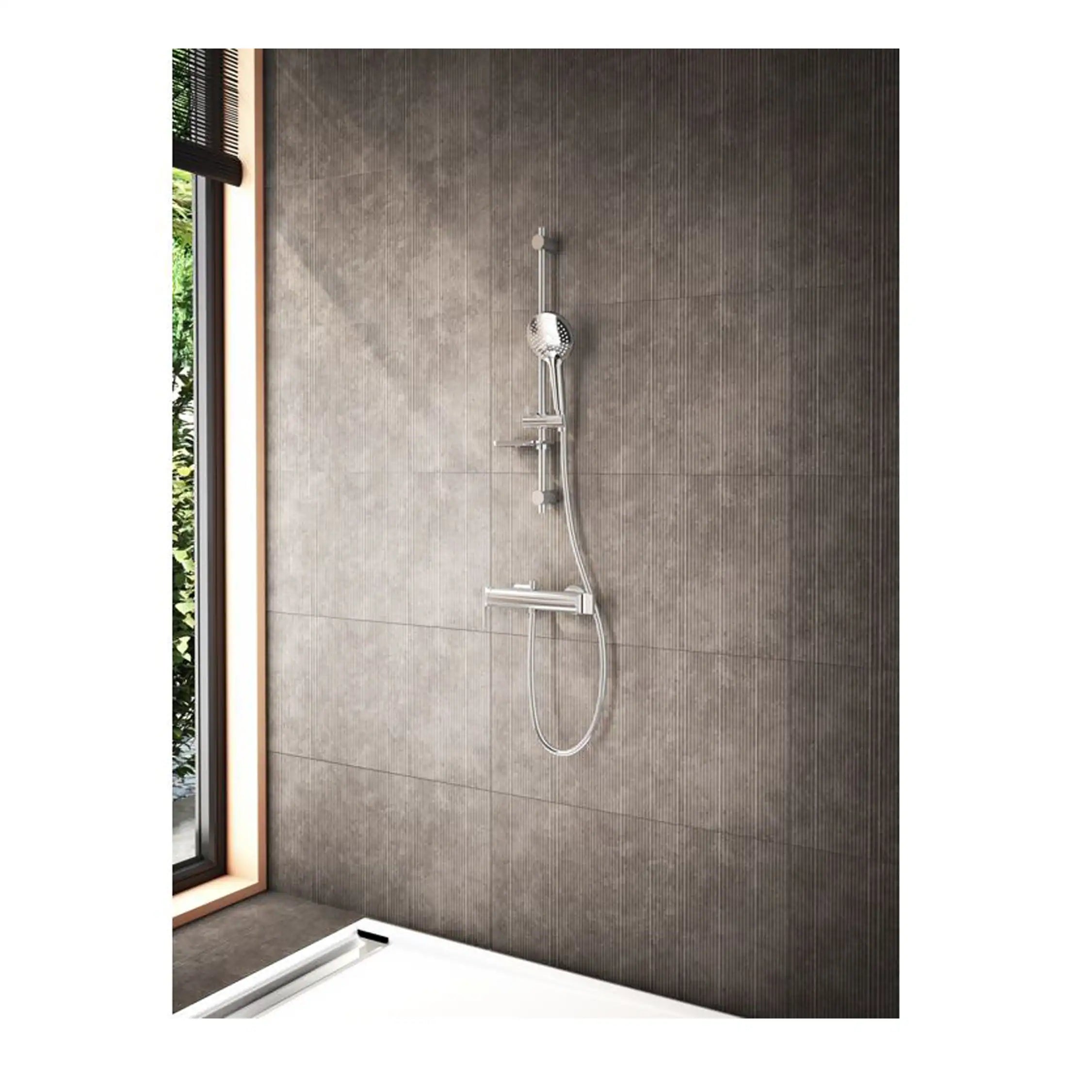 Modern chrome bathroom shower system with adjustable head and sleek design, ideal for contemporary bathroom renovations and luxury shower experiences.