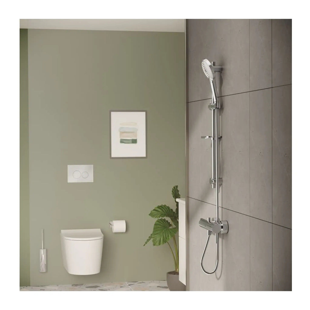 Sleek modern bathroom with wall-mounted toilet, minimalist design, and contemporary fixtures, featuring a walk-in shower with adjustable shower head and grey tiled flooring, creating a stylish and functional space.