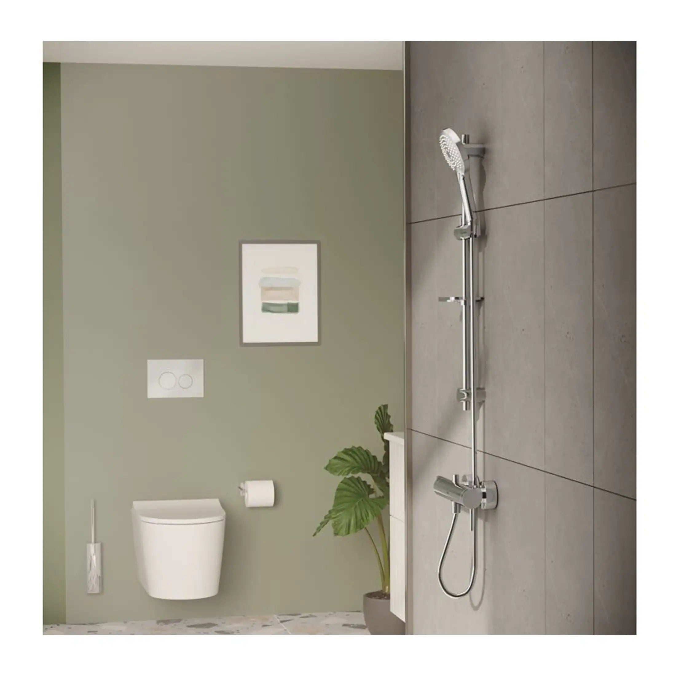 Sleek modern bathroom with wall-mounted toilet, minimalist design, and contemporary fixtures, featuring a walk-in shower with adjustable shower head and grey tiled flooring, creating a stylish and functional space.