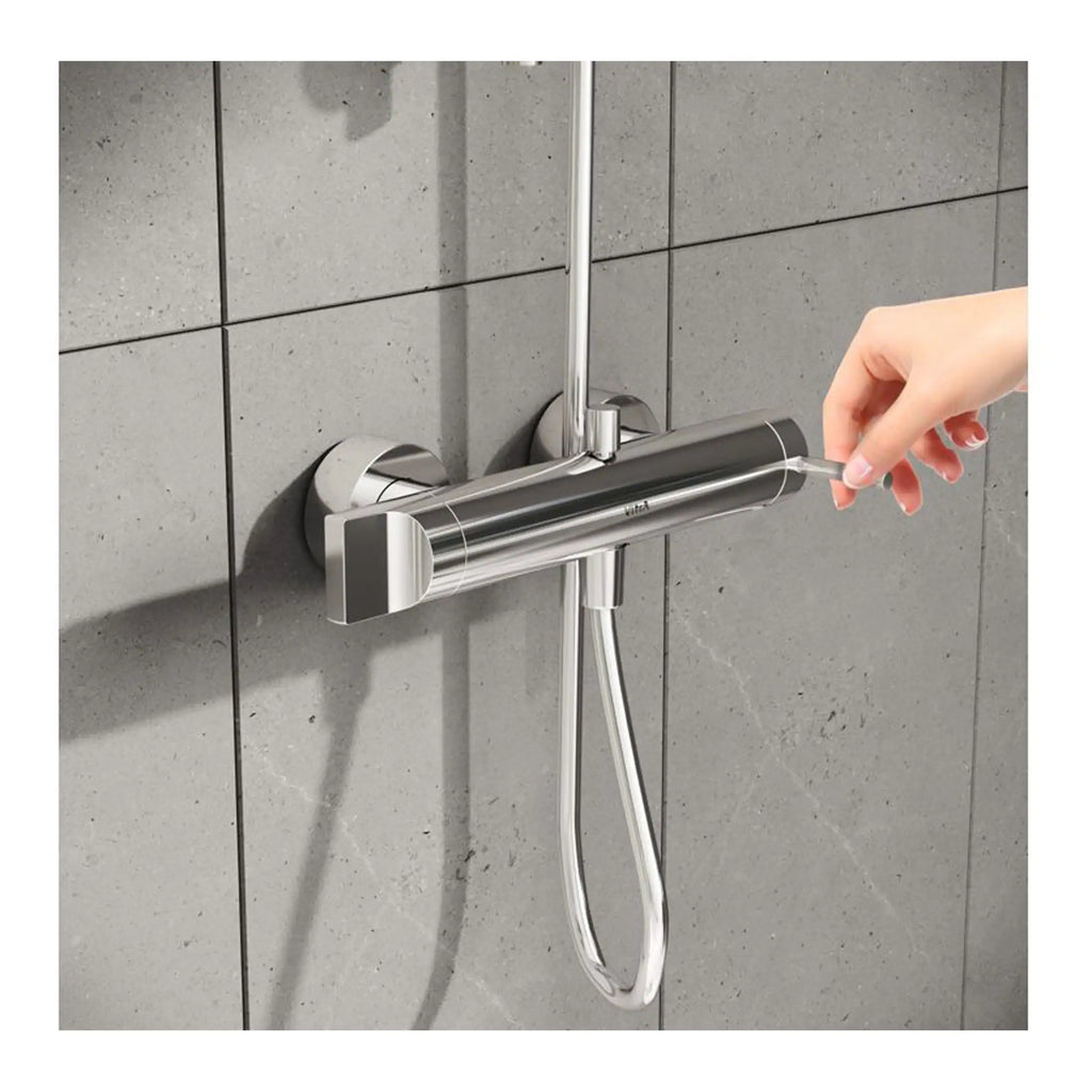 Sleek modern thermostatic shower mixer in polished chrome with handheld shower attachment, designed for luxury Bubly bathrooms. Perfect for stylish, functional shower experiences.