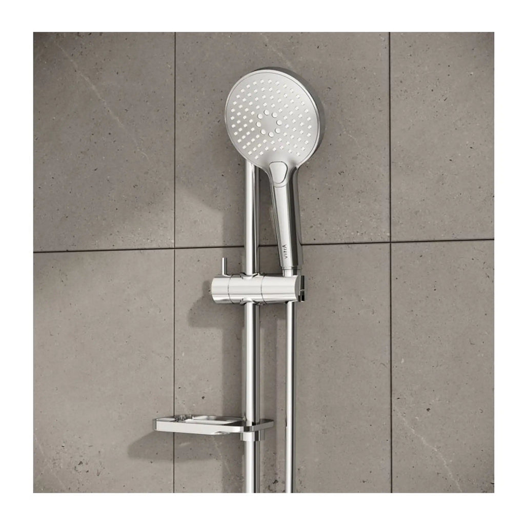 Modern chrome shower head with sliding rail and soap shelf for customizable water flow and comfortable shower experience.