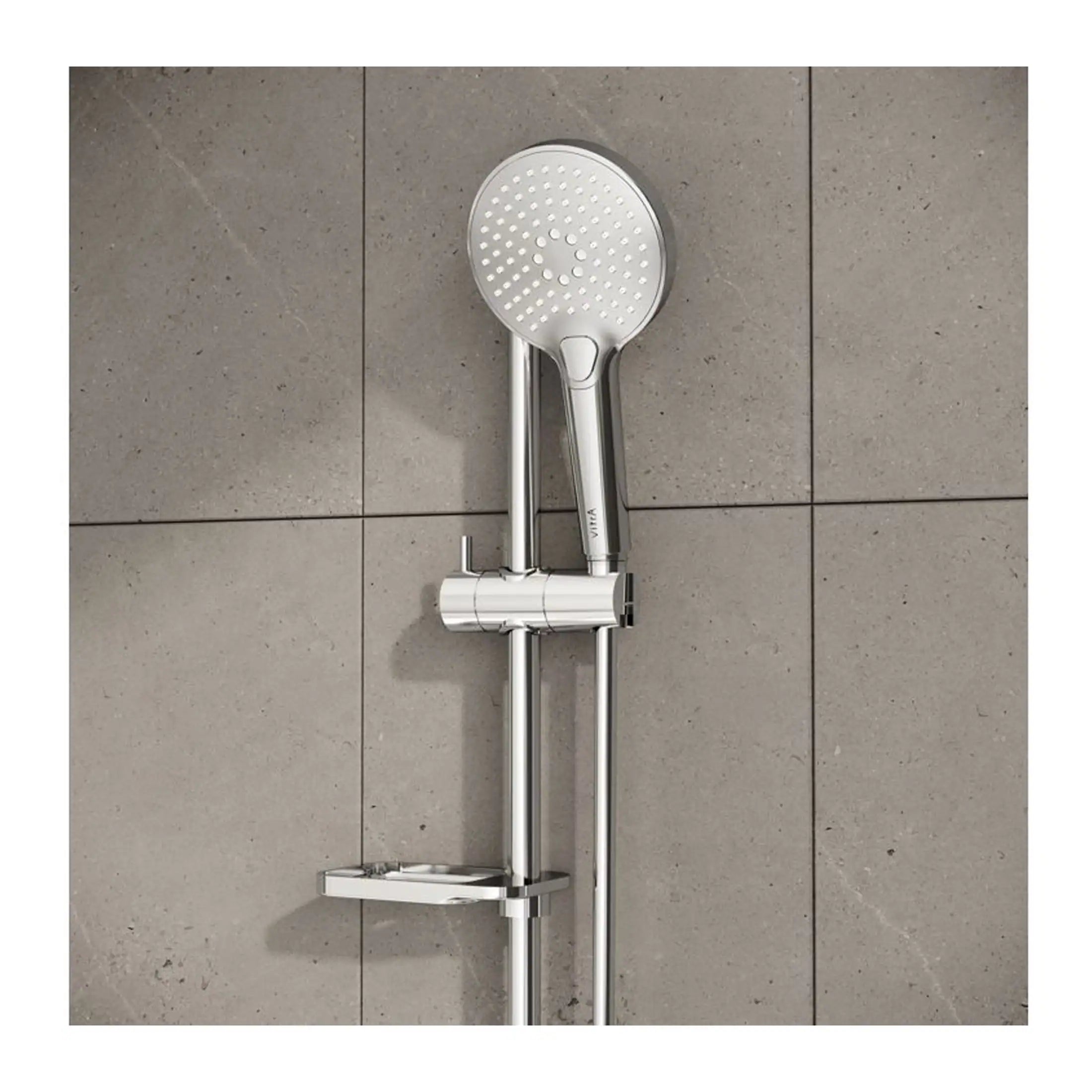Modern chrome shower head with sliding rail and soap shelf for customizable water flow and comfortable shower experience.