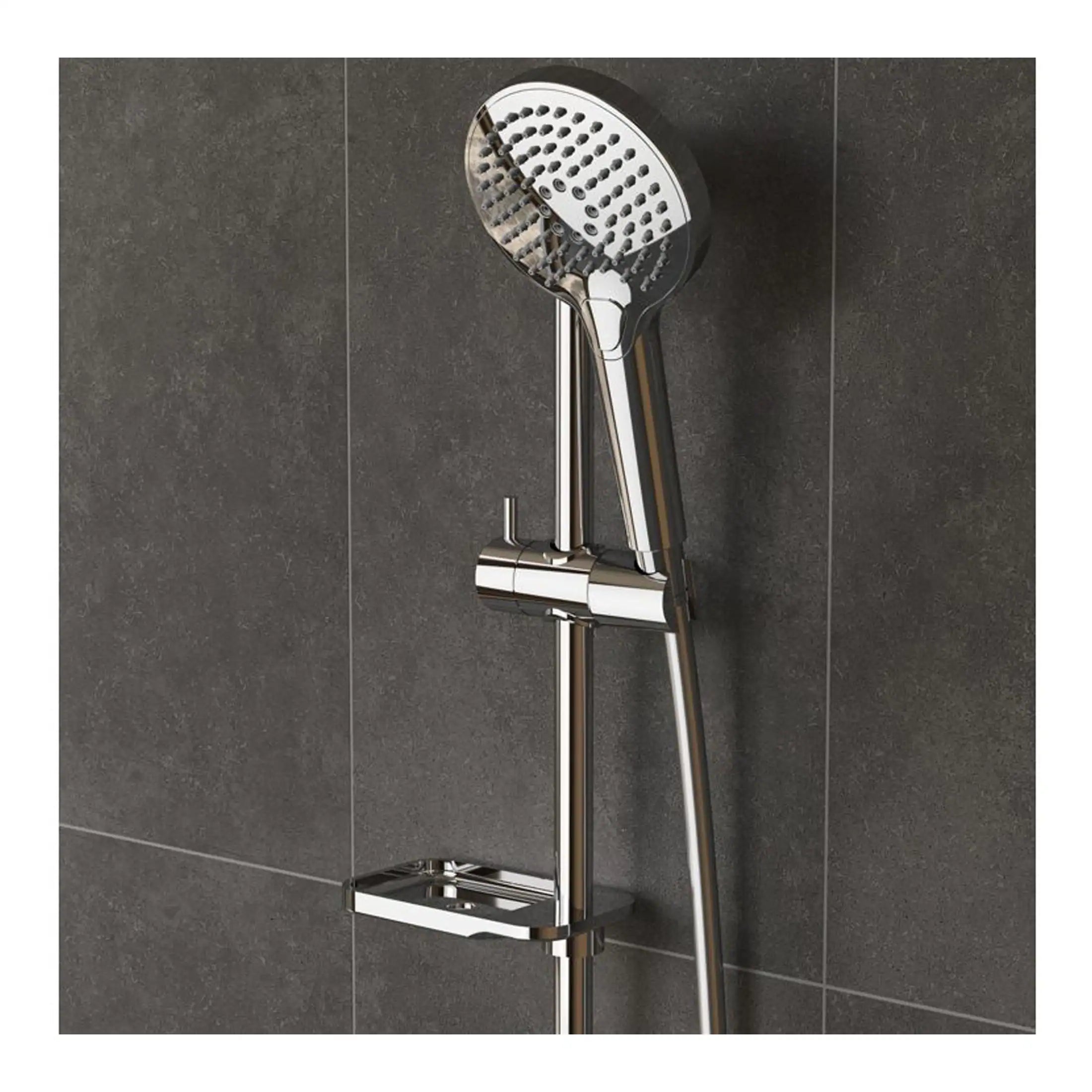 Shower head with chrome finish and adjustable handheld design in modern bathroom setting.