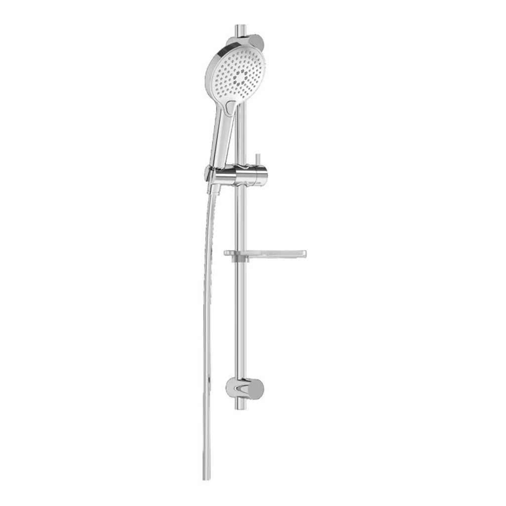 Sleek modern chrome shower head and handheld shower fixtures with adjustable rail on a white background. Perfect for contemporary bathroom remodels and high-quality shower fittings.