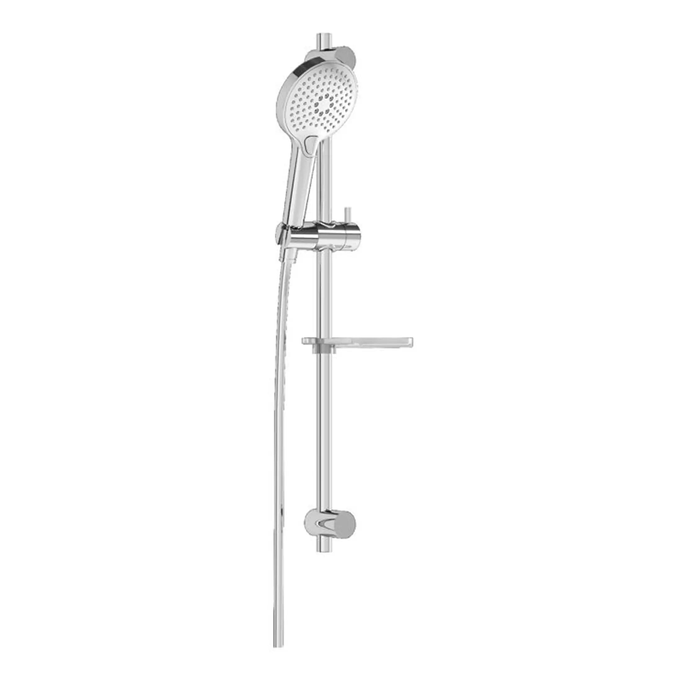 Sleek modern chrome shower head and handheld shower fixtures with adjustable rail on a white background. Perfect for contemporary bathroom remodels and high-quality shower fittings.