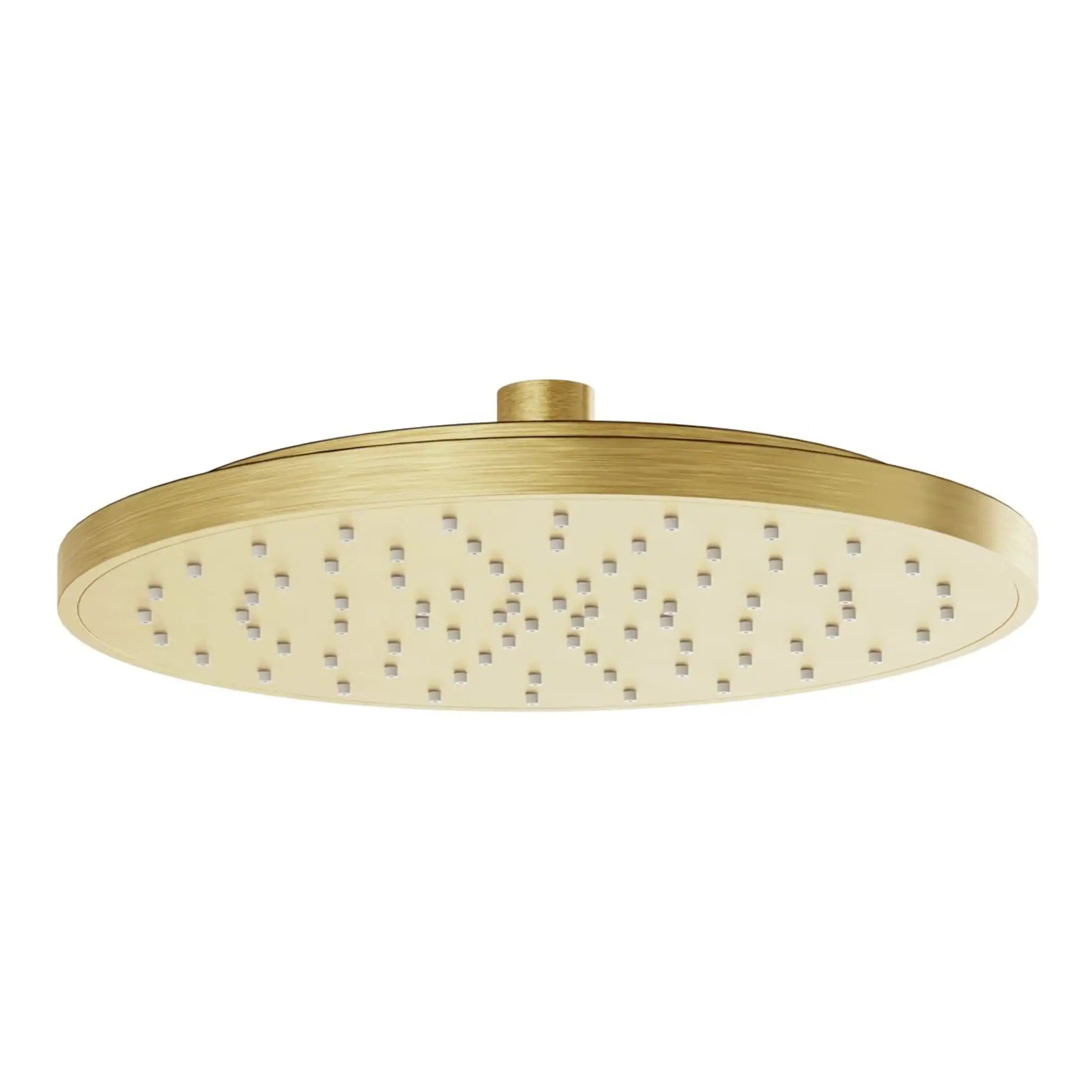 Brass finish rain shower head with multiple spray nozzles for a luxurious bathroom upgrade. Elegant and modern design by Bubly Bathrooms.
