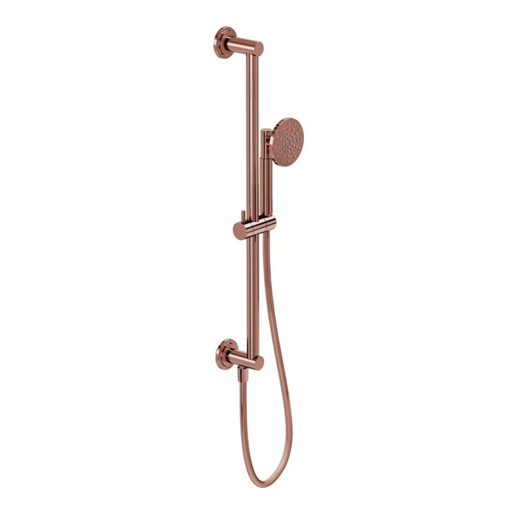 Polished rose gold shower rail and handheld shower head set, modern bathroom shower fixture for luxurious bubly bathrooms.