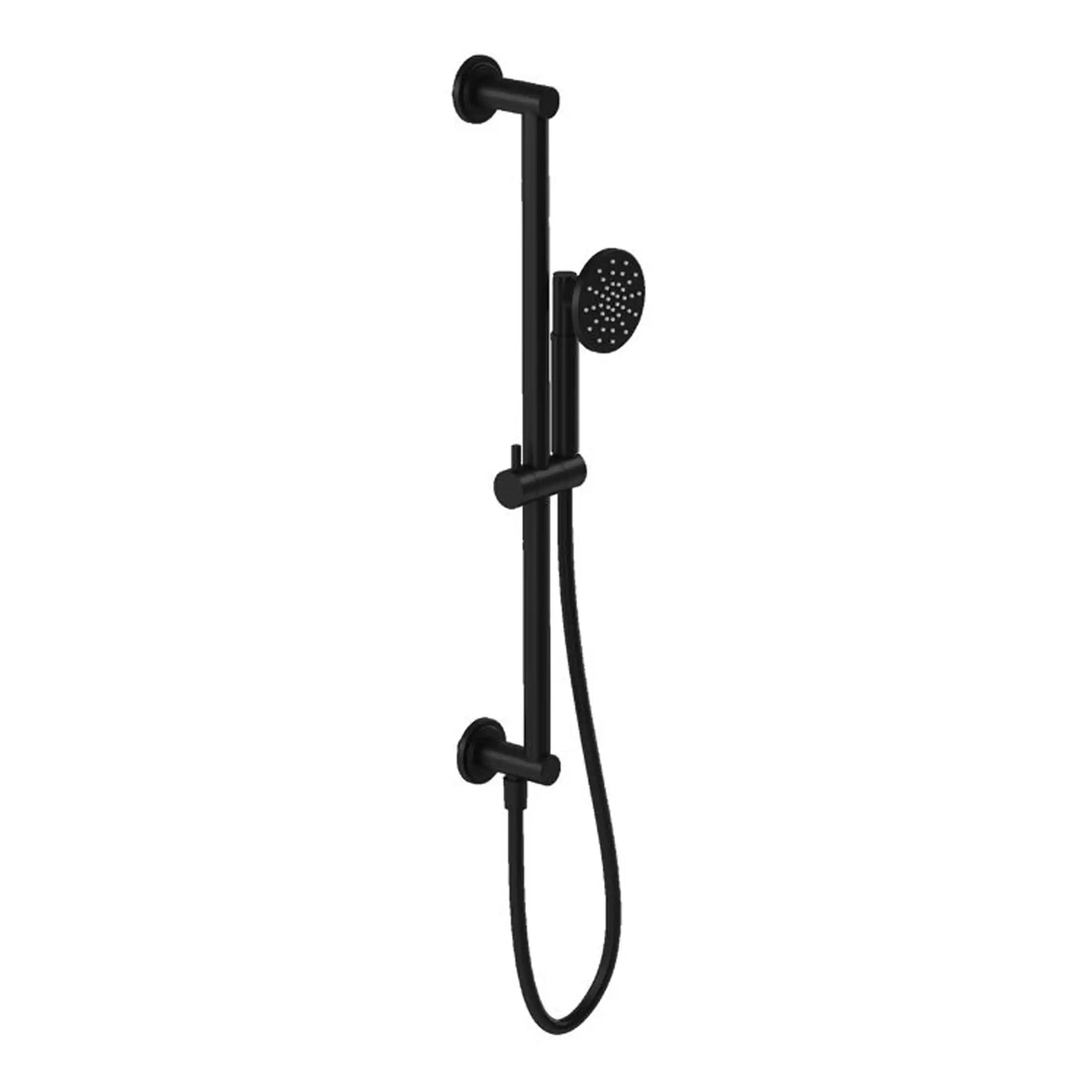 Black bathroom shower rail with handheld shower head and wall mounts.