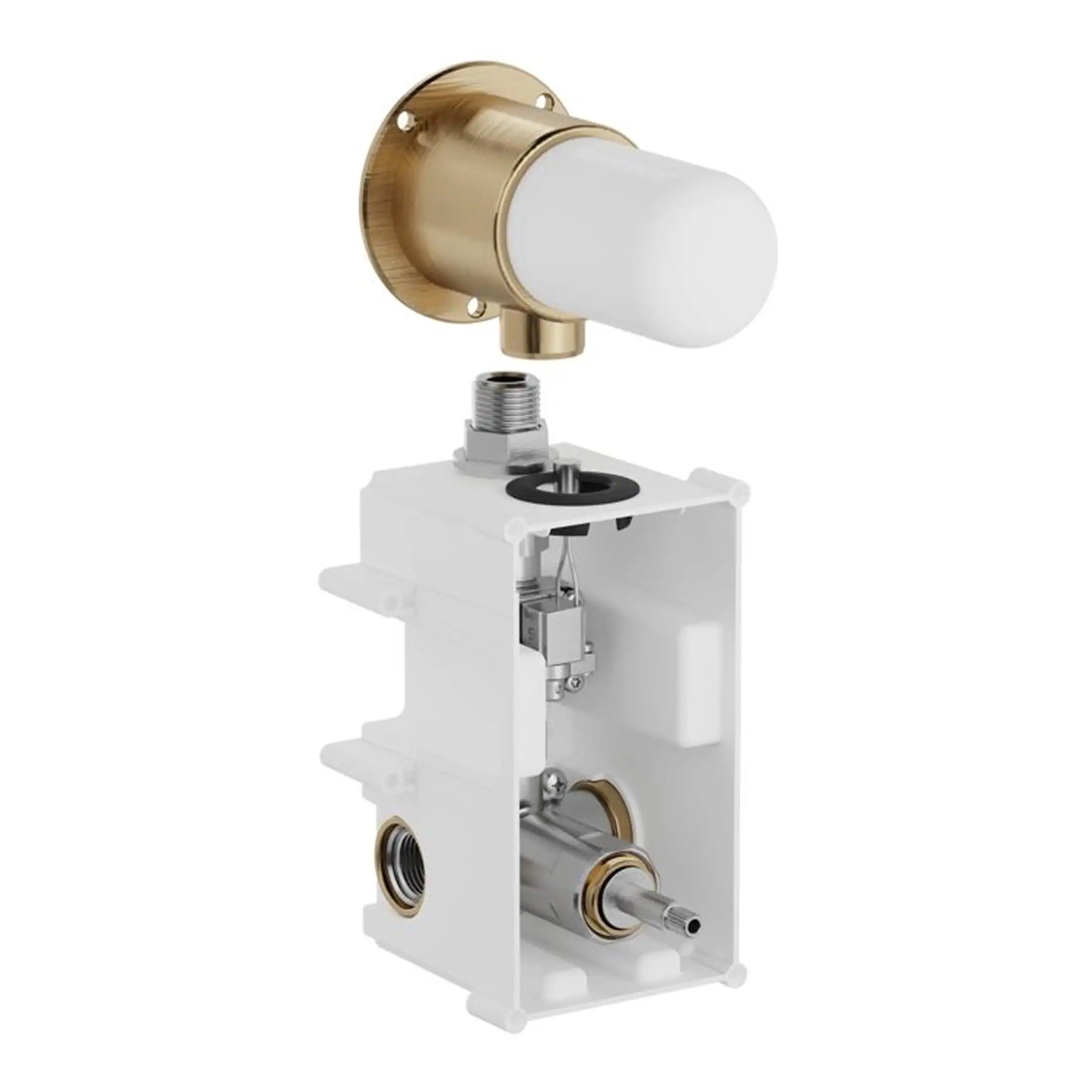 Brass bathroom tap spout fixture with white ceramic lever, designed for modern bathroom sink installations. High-quality plumbing component suitable for upgrade or repair in stylish bathrooms.