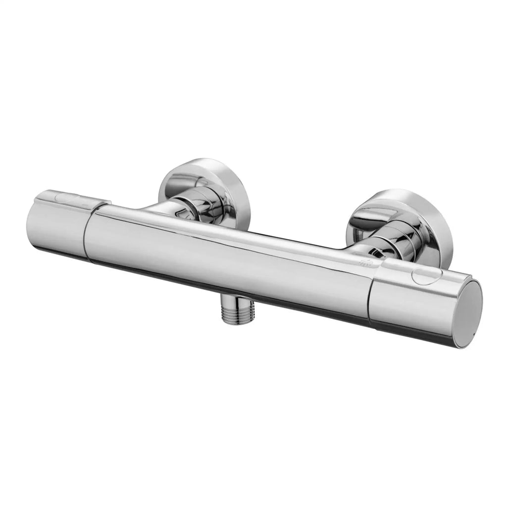 Sleek chrome wall-mounted thermostatic shower mixer tap with adjustable temperature control, ideal for modern bathroom renovations and high-quality Bubly Bathrooms fittings.