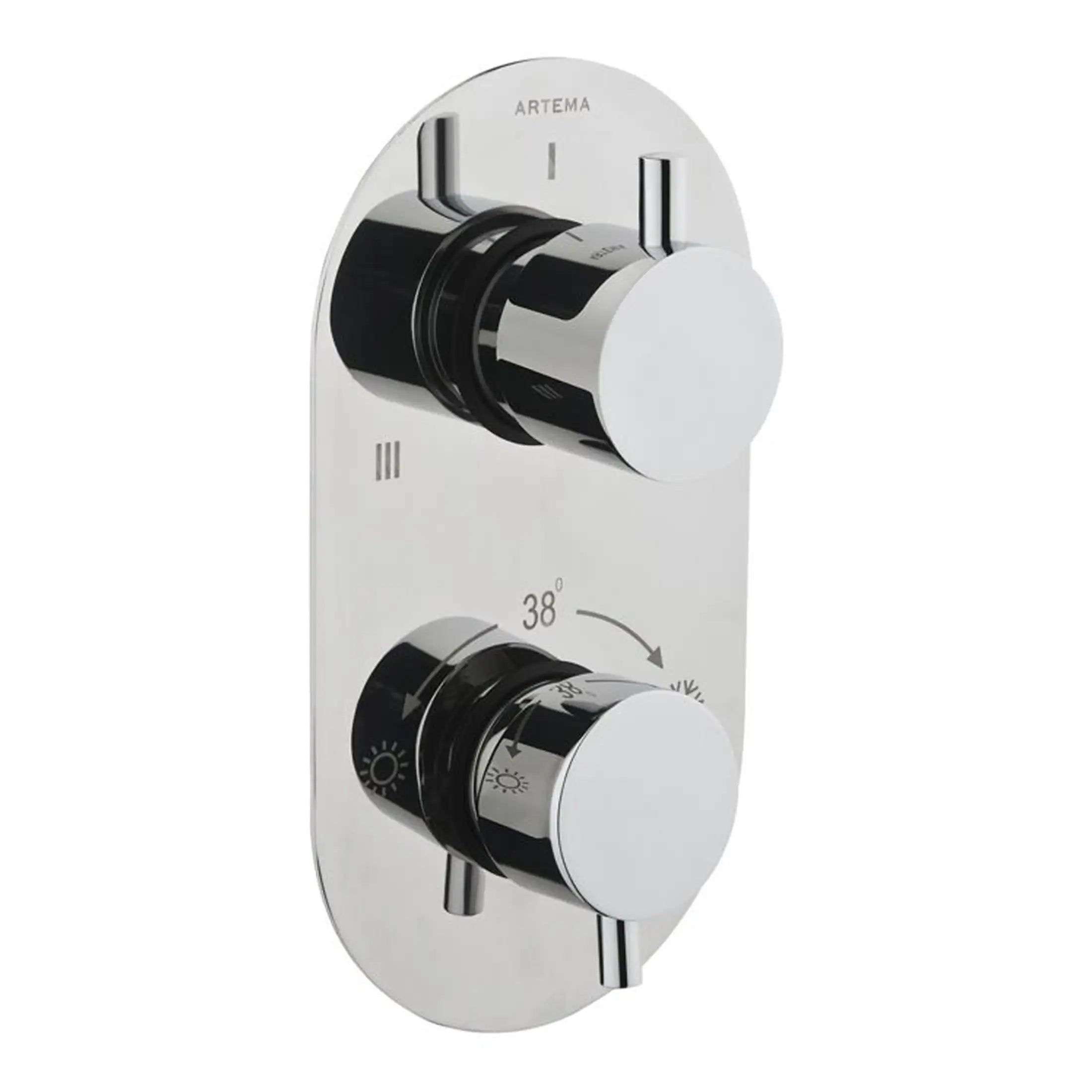 Shower thermostat control panel with chrome finish and adjustable temperature settings, ideal for modern bathroom bathrooms.